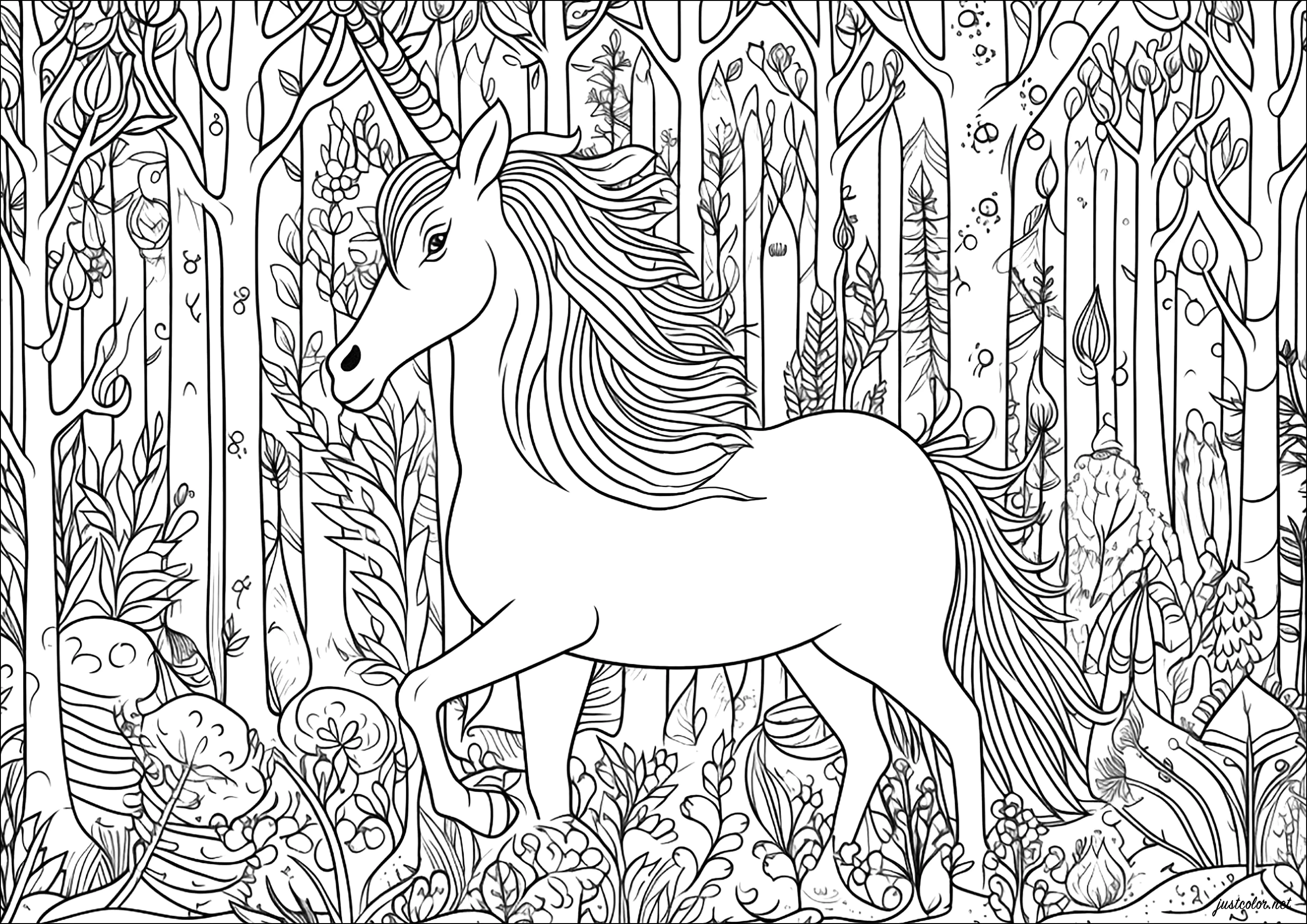 Majestätisches Einhorn, das sich durch einen Wald bewegt (Ausmalbild von Einhörner zum Ausdrucken und Ausmalen für Erwachsene)