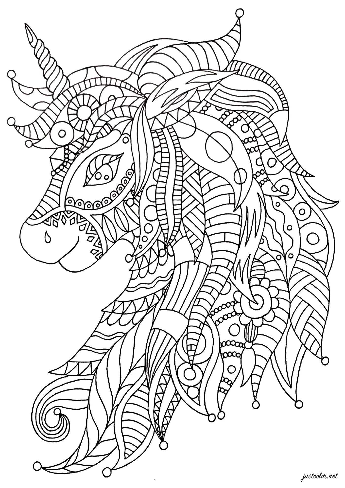 Zentangle Einhorn (Ausmalbild von Einhörner zum Ausdrucken und Ausmalen für Erwachsene)