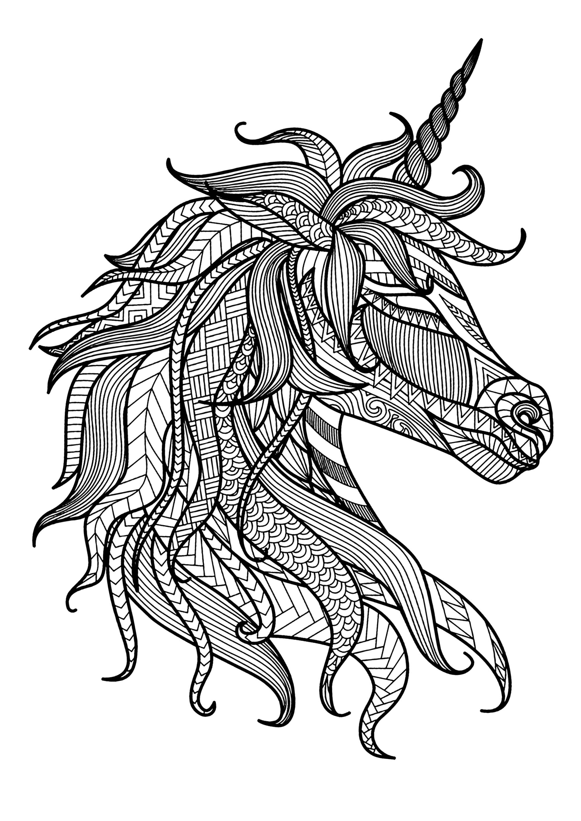 Einhorn Kopf (Ausmalbild von Einhörner zum Ausdrucken und Ausmalen für Erwachsene)