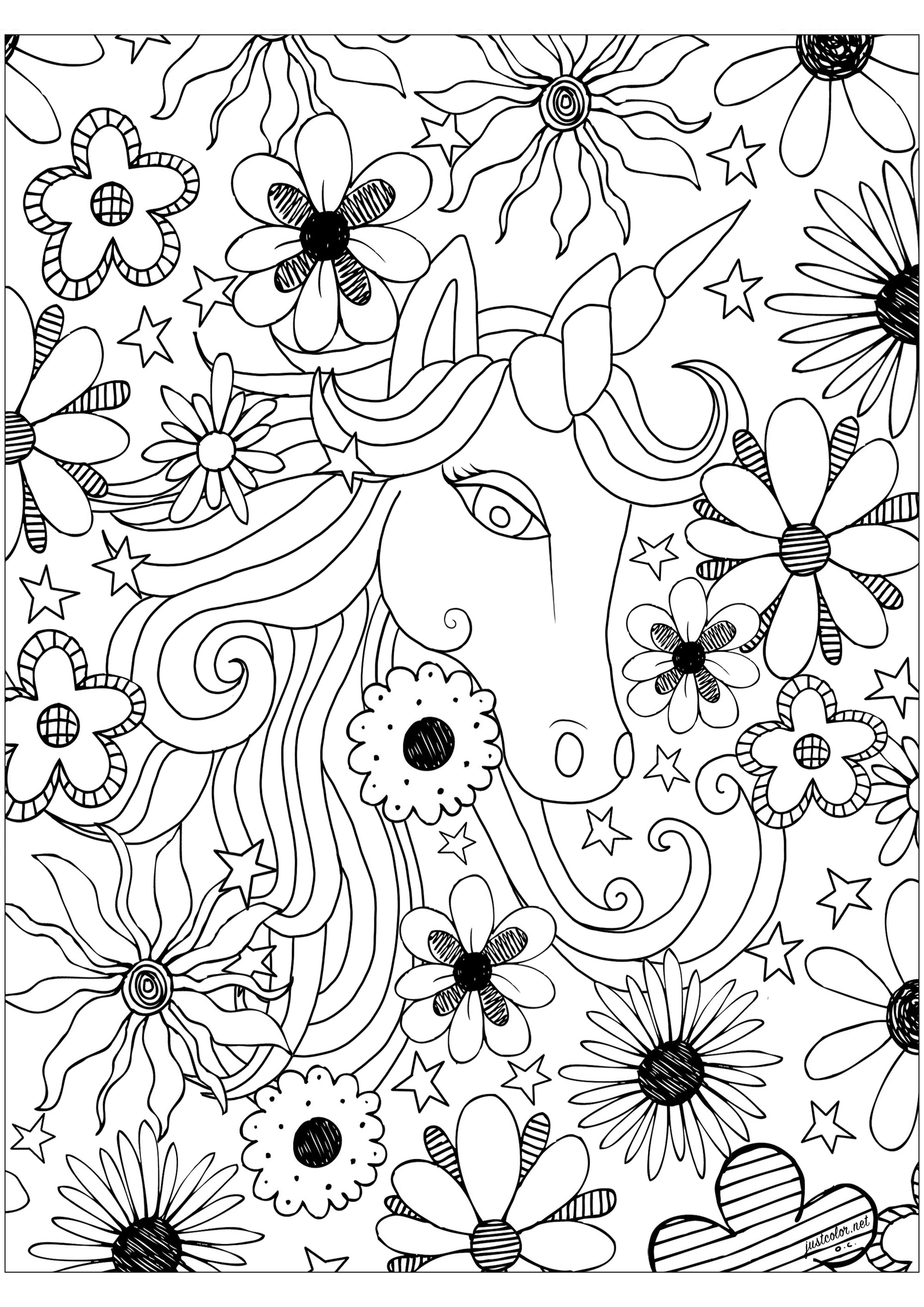 Hübsches Einhorn mit vielen verschiedenen Blumen, die es umgeben.  Einhorn gezeichnet von Olivier, Blumen von MPC Design