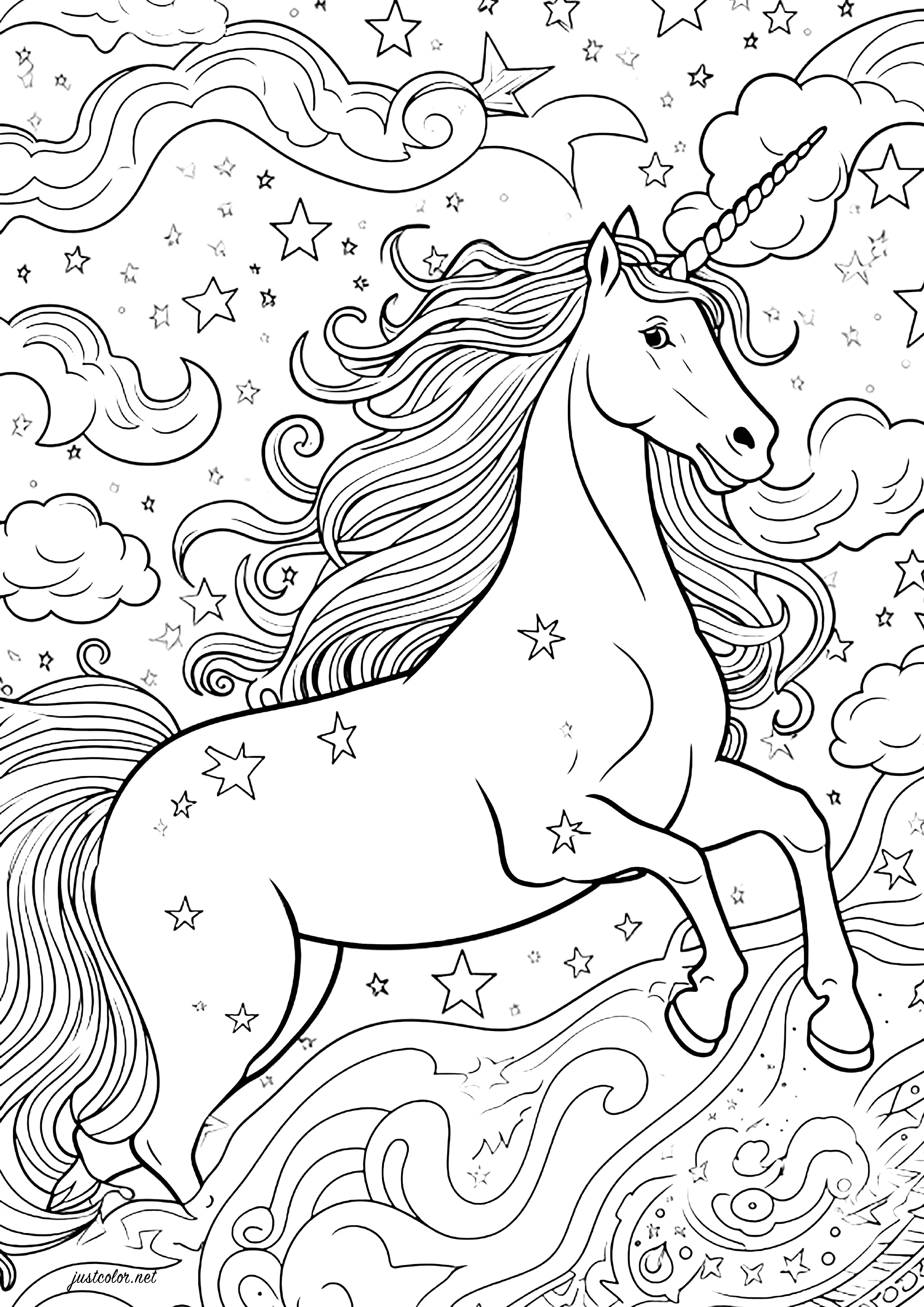 Einhorn am Himmel (Ausmalbild von Einhörner zum Ausdrucken und Ausmalen für Erwachsene)