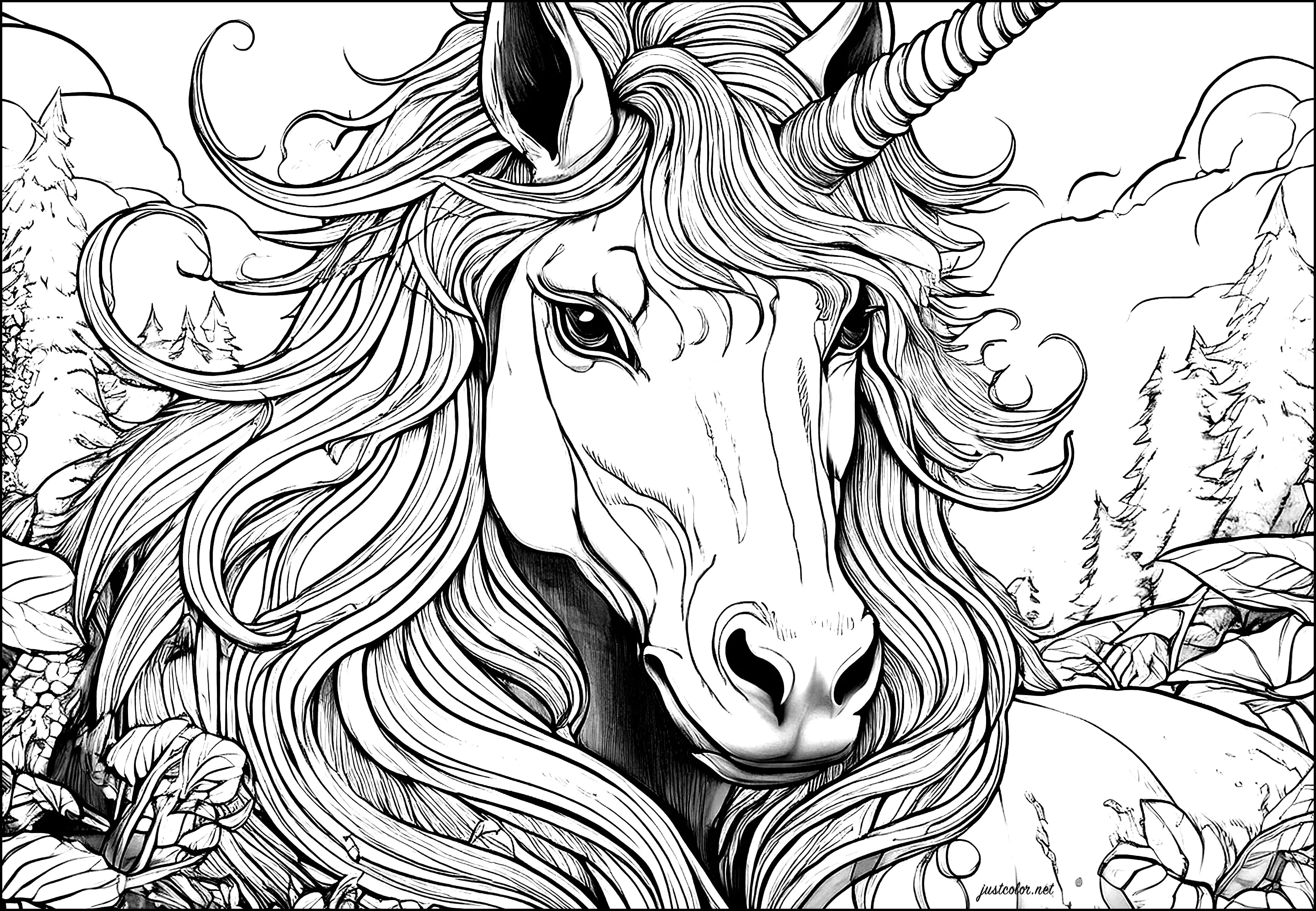 Einhornkopf, die Mähne weht im Wind (Ausmalbild von Einhörner zum Ausdrucken und Ausmalen für Erwachsene)