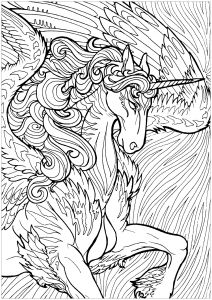 Einhorn mit Flügeln und Hintergrund (Ausmalbild von Einhörner)
