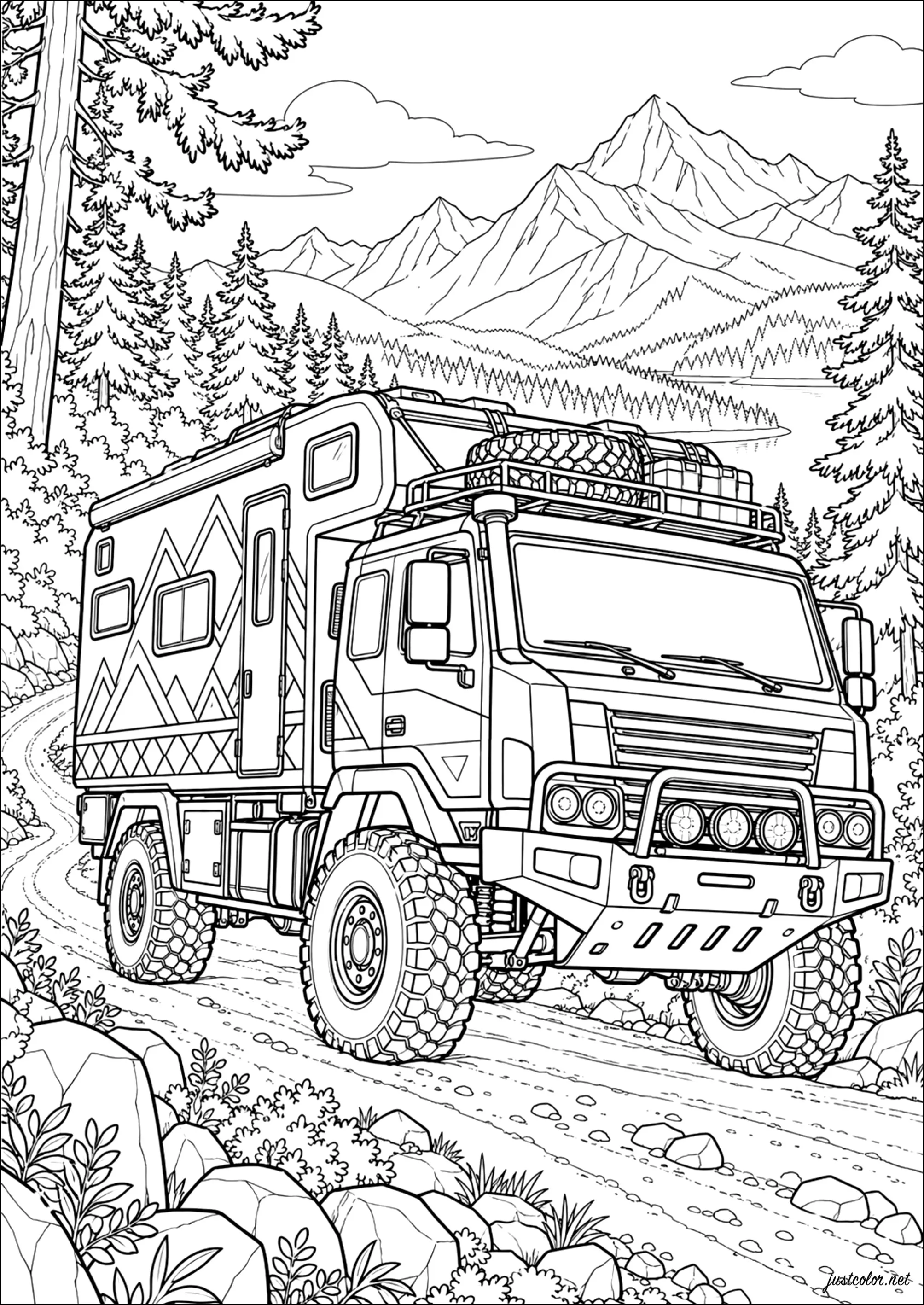 Geländegängiges Wohnmobil auf einem Bergpfad (Ausmalbild von Vehicles zum Ausdrucken und Ausmalen für Erwachsene)