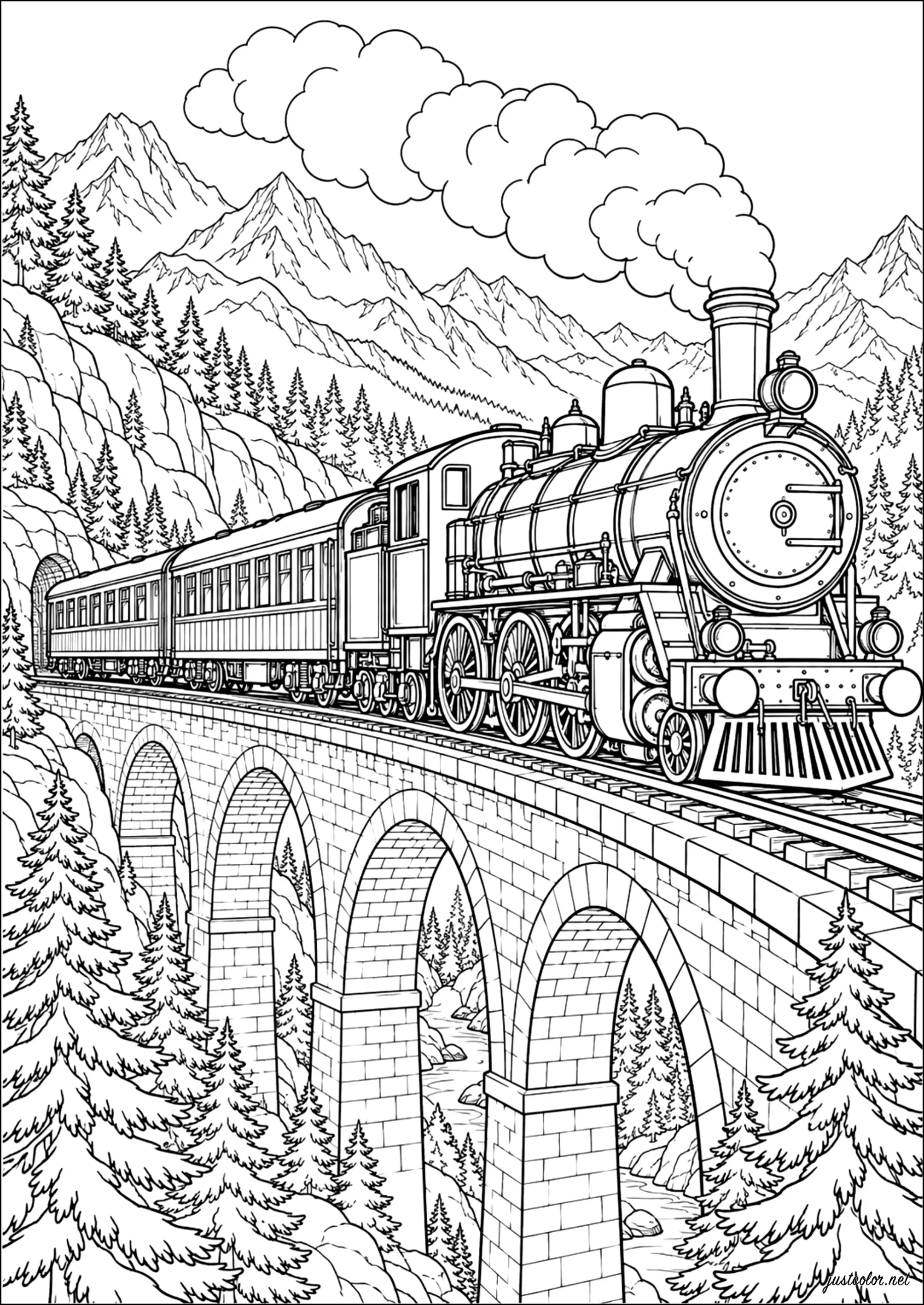 Dampfzug auf einer Bergbrücke (Ausmalbild von Vehicles zum Ausdrucken und Ausmalen für Erwachsene)