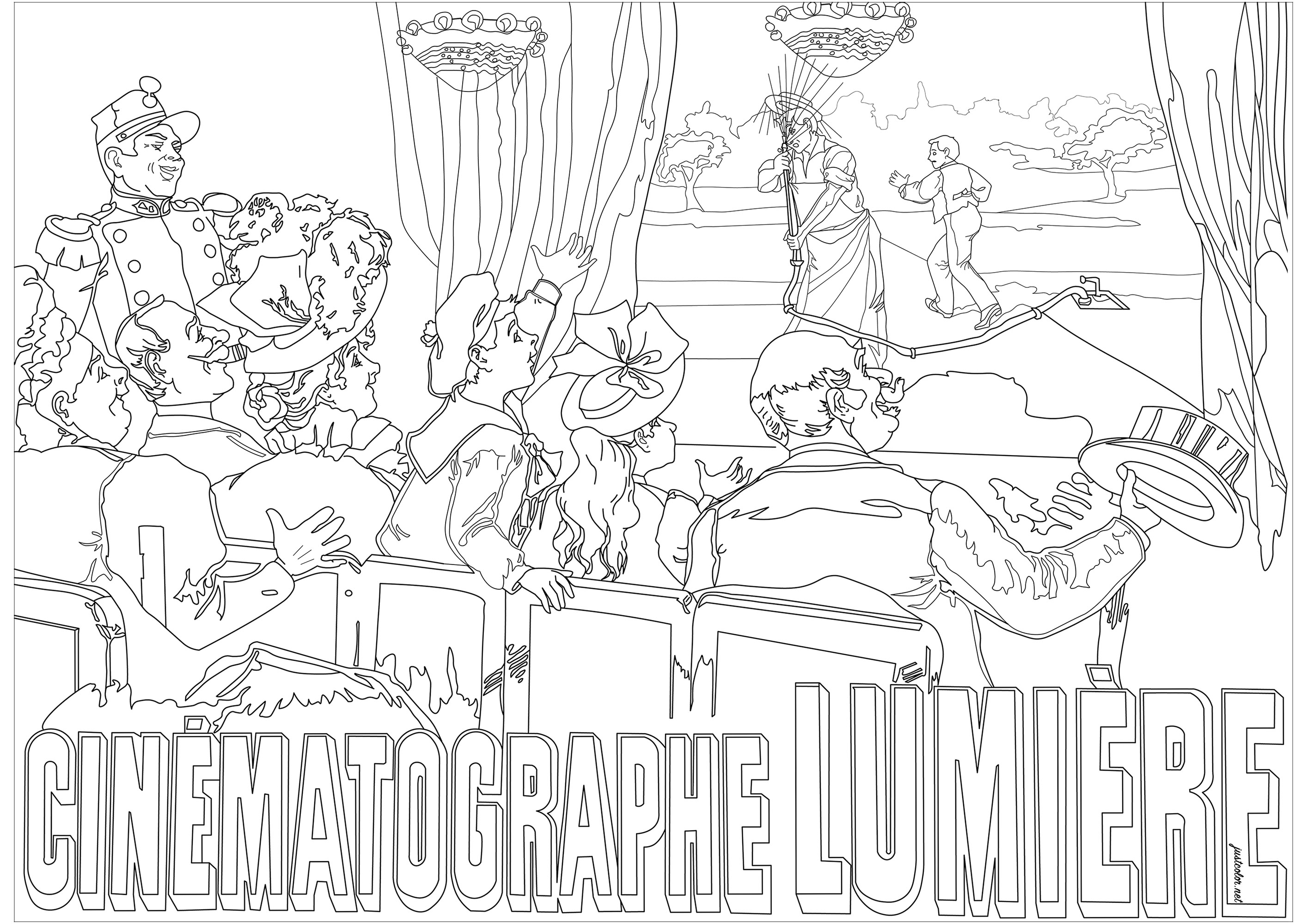 Poster CINEMATOGRAPHE LUMIERE. Es war das erste Filmplakat der Geschichte.Der 'Cinématographe' ist ein 1895 von Louis Lumière mit Hilfe des Ingenieurs Jules Carpentier erfundenes Gerät, das eine Filmkamera mit einem Kinoprojektor kombiniert, Künstler : Morgan