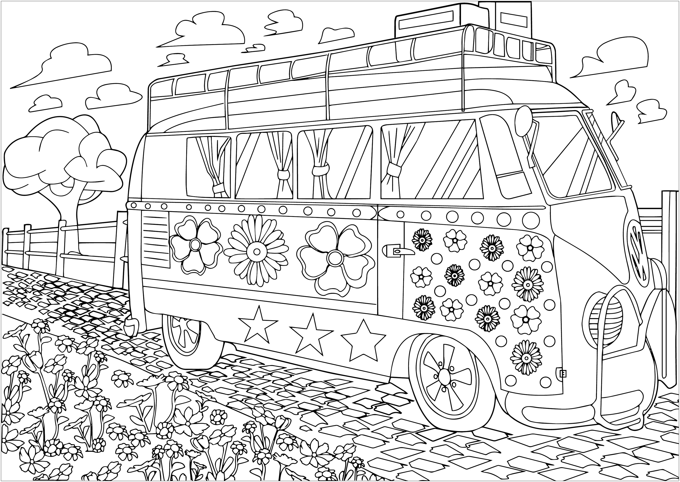 Der Volkswagen Hippie-Kombi von Woodstock in Farbe. Der Volkswagen Kombi mit seiner bunten Lackierung und den Friedenssymbolen wurde zum mobilen Symbol der Hippie-Gegenkultur. Seine Anwesenheit in Woodstock 1969 machte ihn zur untrüglichen Ikone dieser Ära der Befreiung und der Musik, Künstler : Morgan