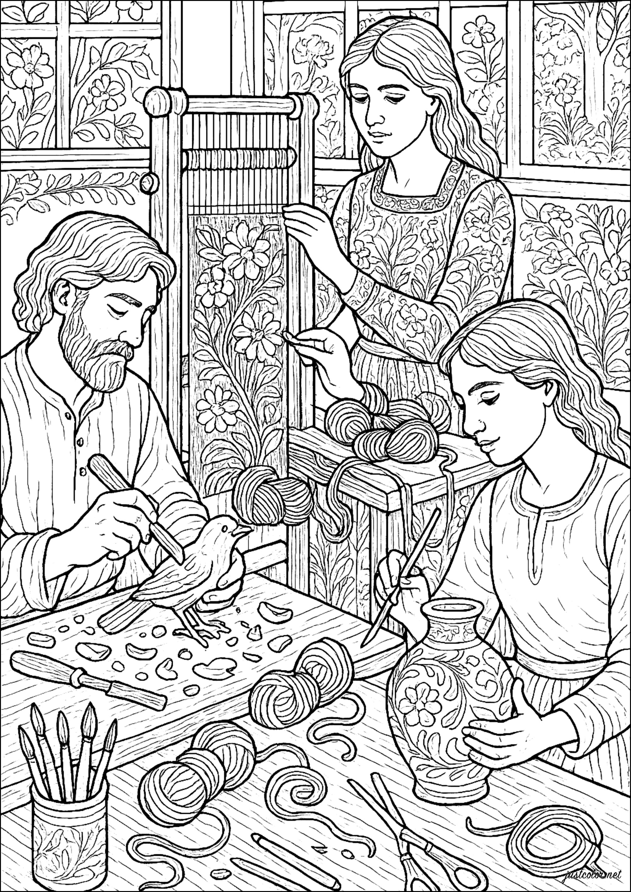 Althertümliche Handwerkswerkstatt (Ausmalbild Vintage zum Ausdrucken und Ausmalen für Erwachsene)