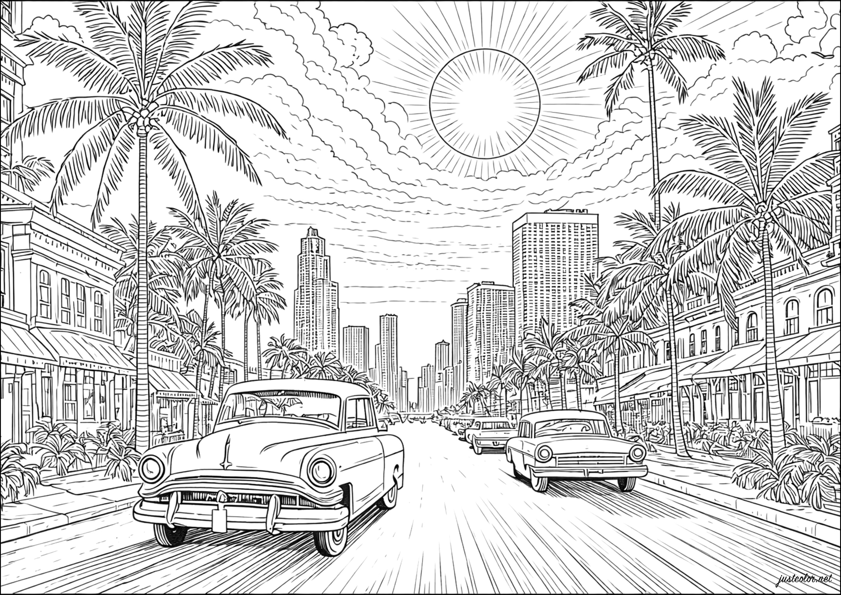 Antike Autos fahren in Miami (Ausmalbild Vintage zum Ausdrucken und Ausmalen für Erwachsene)
