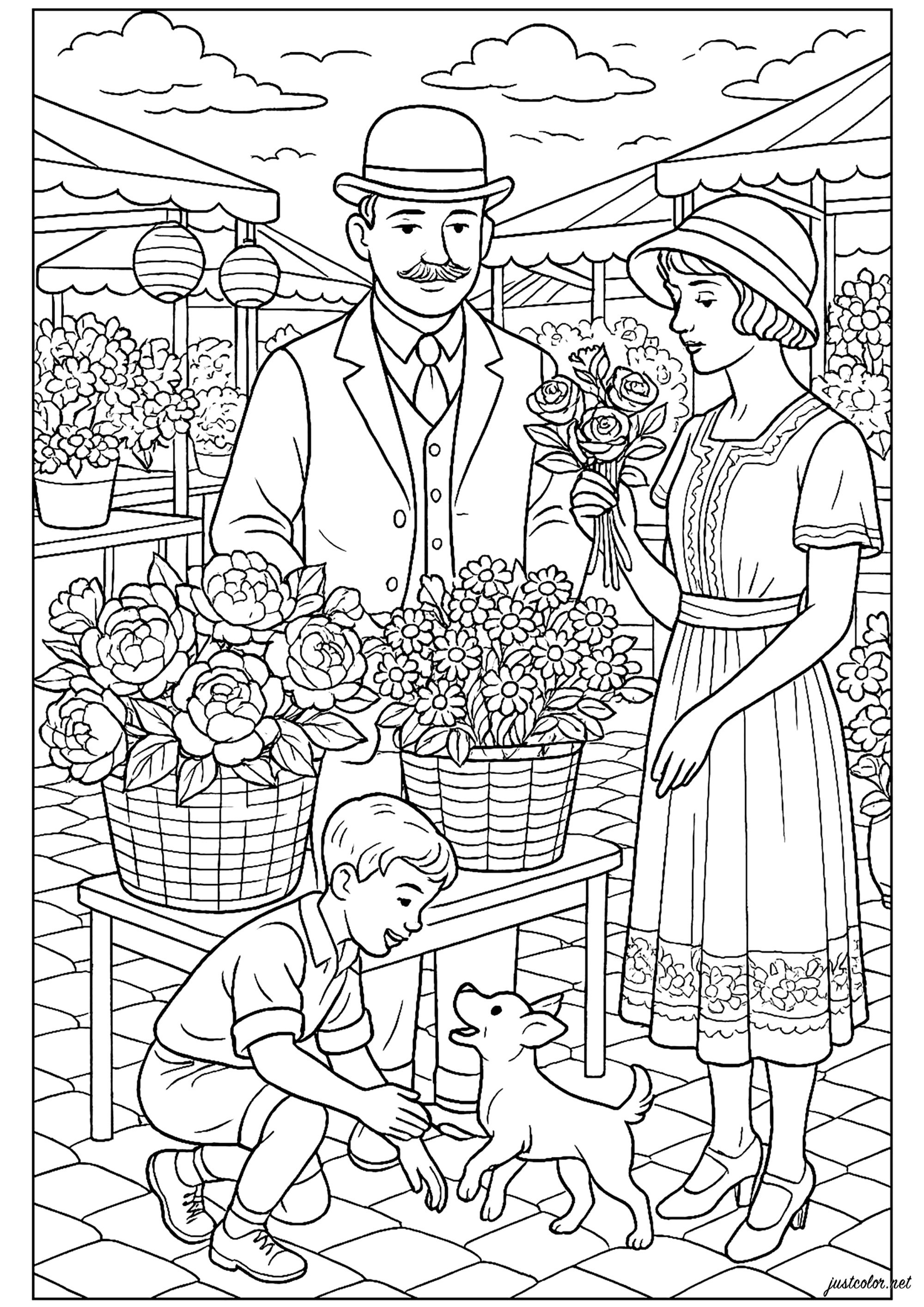 "Goldene Zwanziger" Blumenmarkt (Ausmalbild Vintage zum Ausdrucken und Ausmalen für Erwachsene)
