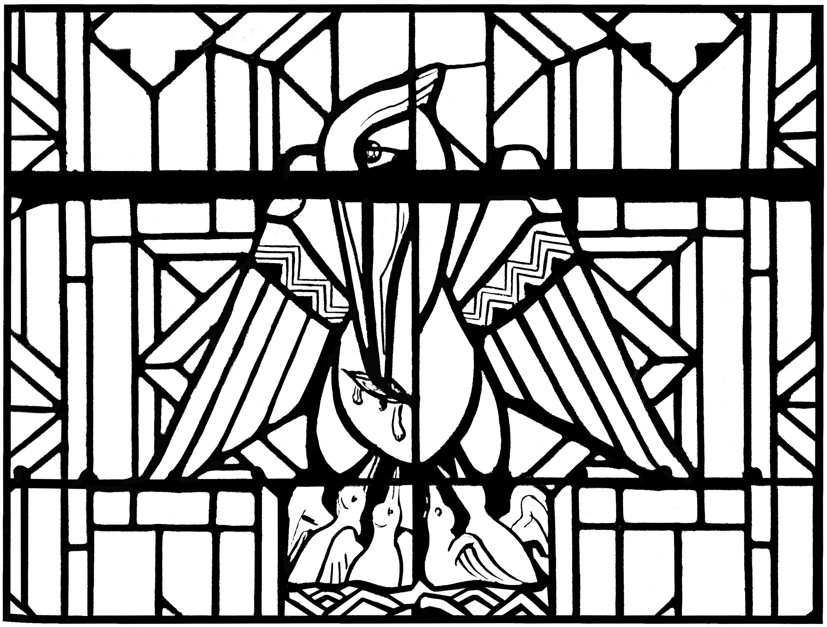 Pelikan in einem geometrischen Kirchenfenster einer modernen Kirche (Ausmalbild von Glasmalerei zum Ausdrucken und Ausmalen für Erwachsene)