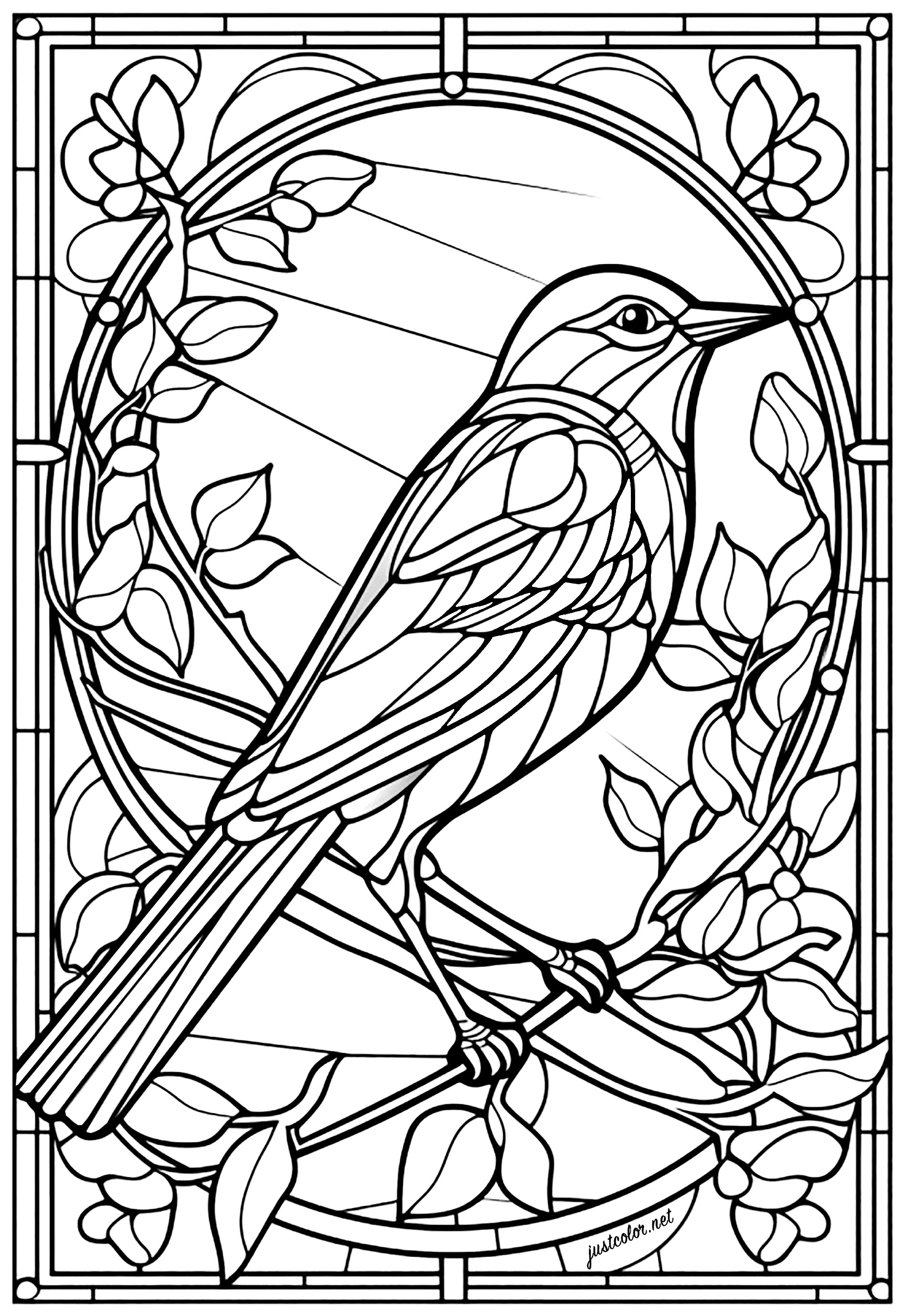 Schöner Vogel und Blumen in einem Buntglasfenster. Dieser Vogel sieht aus wie eine Drossel