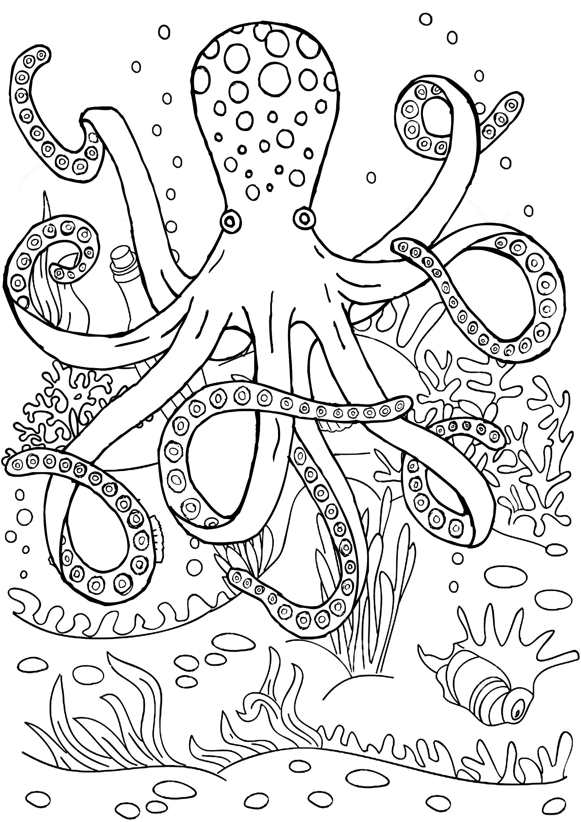 Hübscher Oktopus vom Meeresgrund. Male diesen Tintenfisch und seine Tentakel sowie den Meeresboden, auf dem er sich befindet, aus.