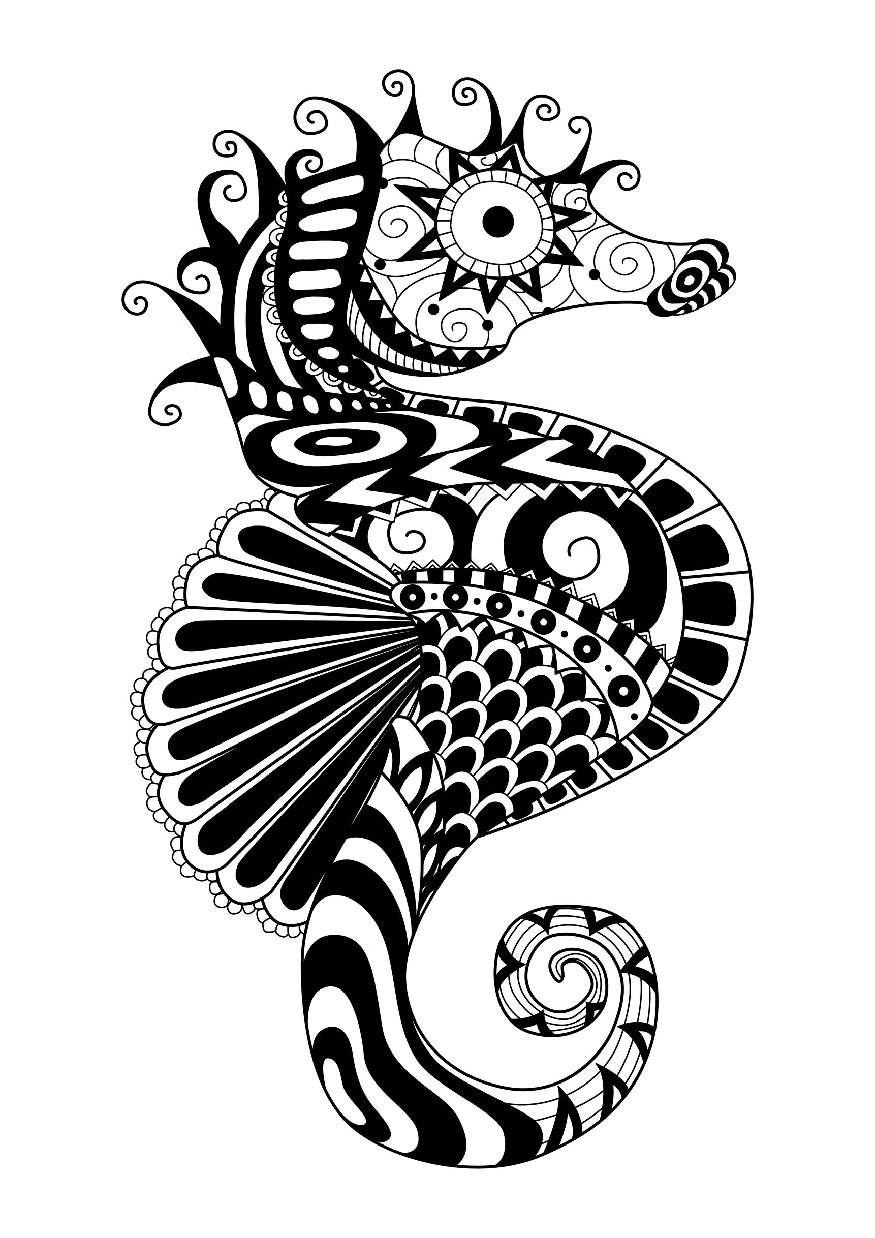 Ein Seepferdchen mit einfachen Zentangle-Mustern gezeichnet. Die Linien sind fließend, es fehlen nur helle Farben, um diese Färbung schön zu machen, entspannende Wirkung garantiert, Künstler : Bimdeedee   Quelle : 123rf