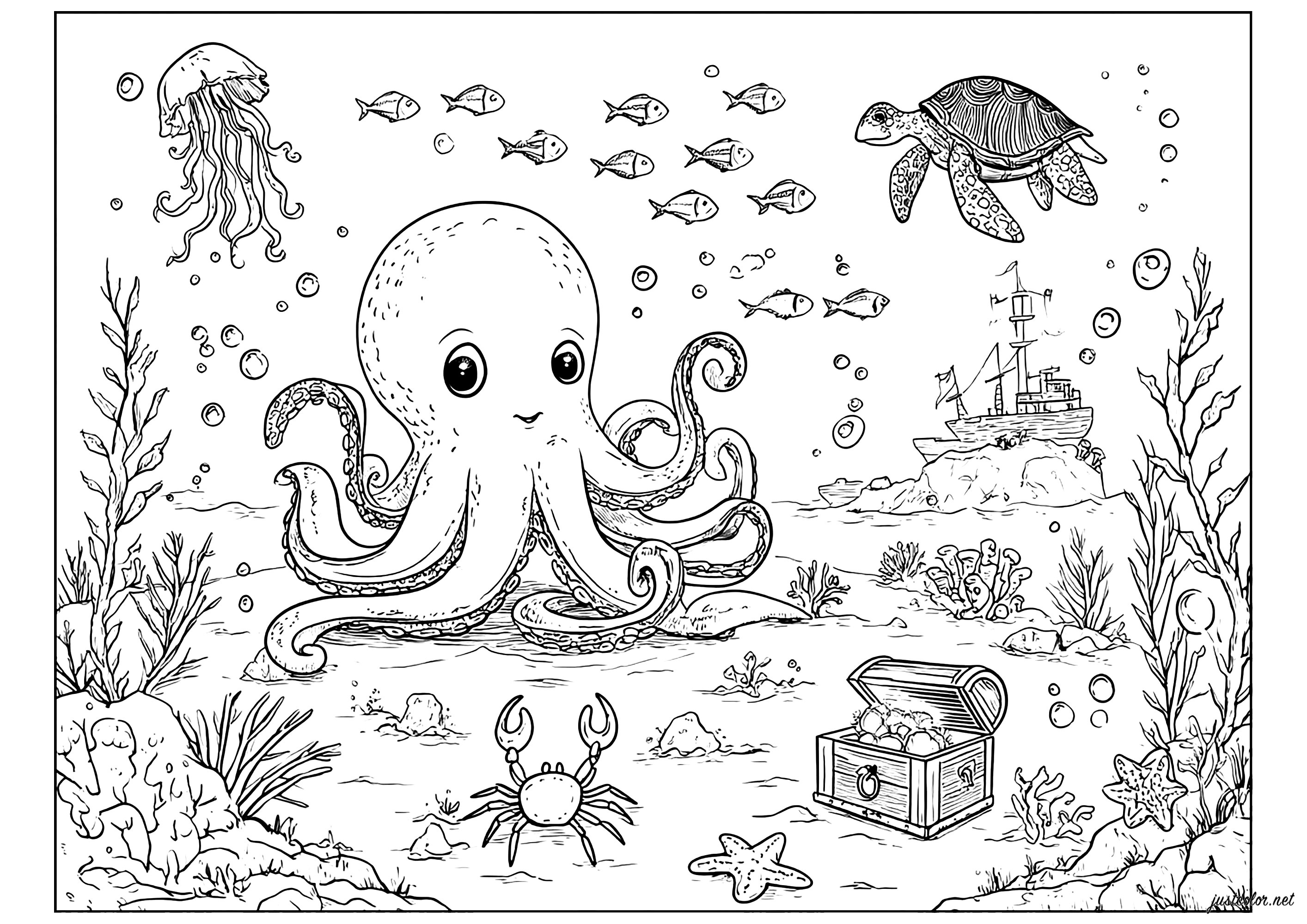 Oktopus und Unterwasserschatz (Ausmalbild von Wasserwelten zum Ausdrucken und Ausmalen für Erwachsene)