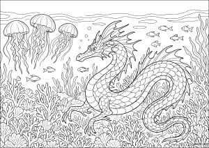 Seedrachen und Quallen (Ausmalbild von Wasserwelten)