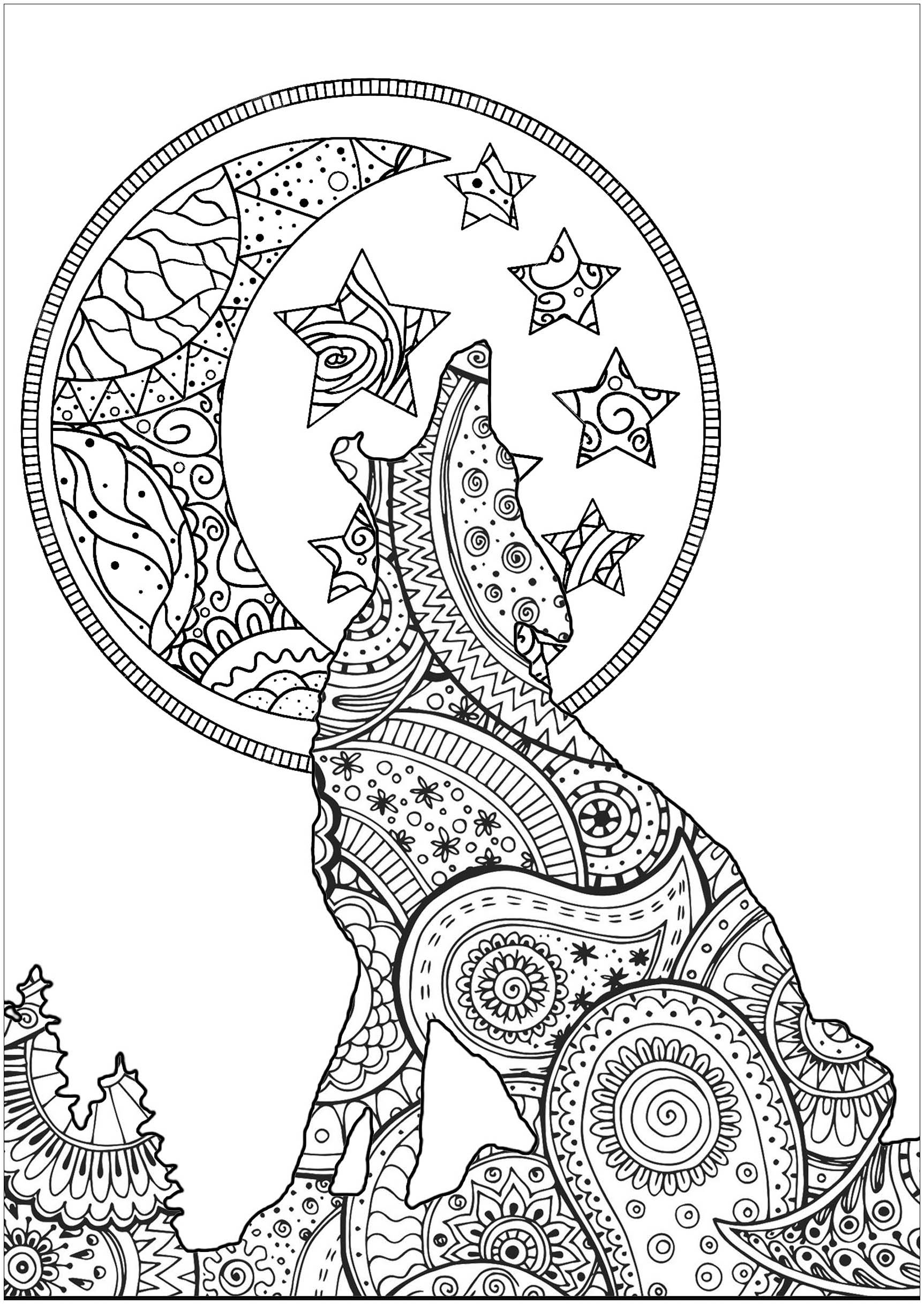 Hübsche Silhouette des Mondscheinwolfs, mit Mustern, die Zentangle- und Paisley-Formen mischen, Künstler : Art'Isabelle