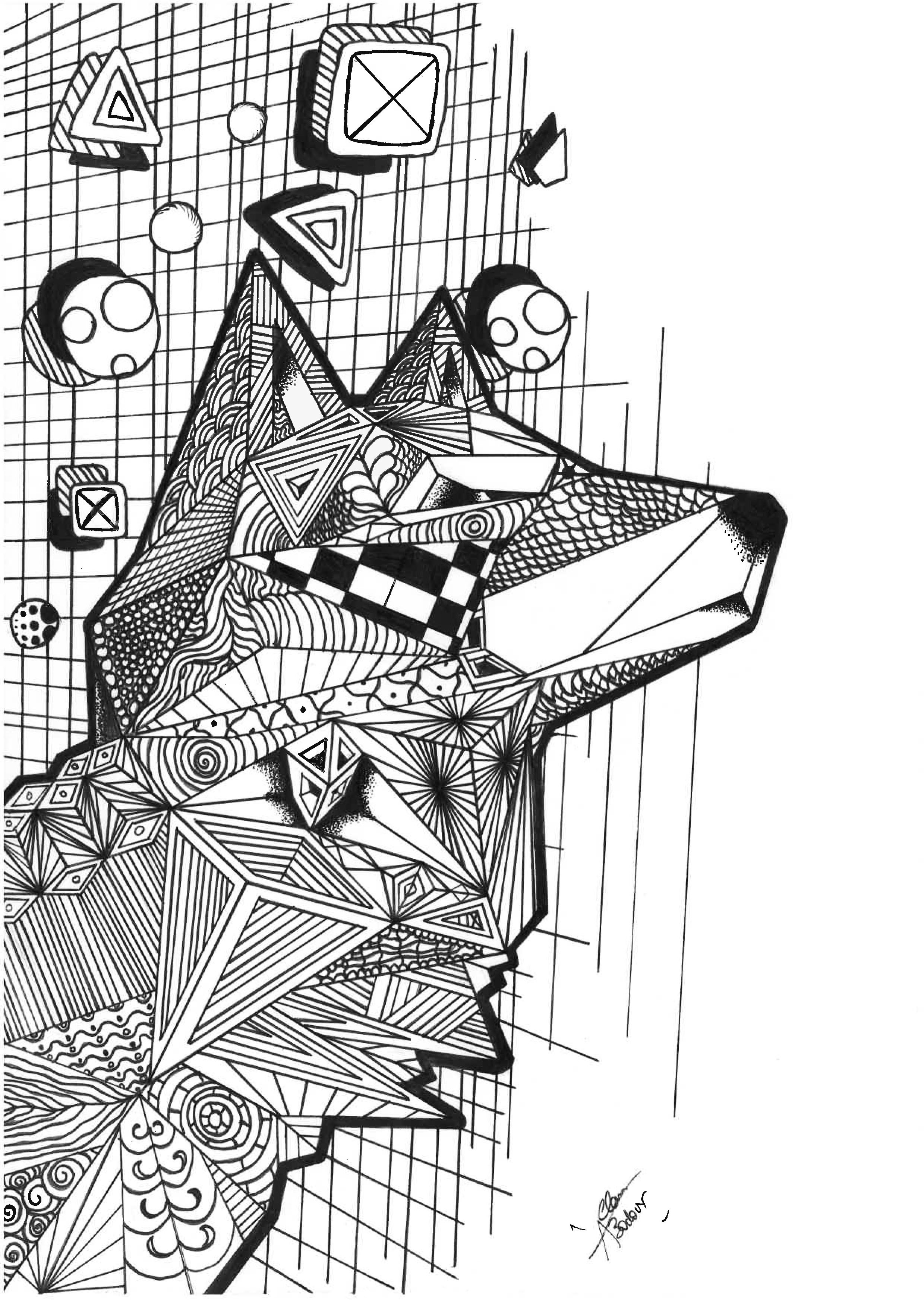 Geometrisch gemusterter Polygonwolf (Ausmalbild von Wölfe zum Ausdrucken und Ausmalen für Erwachsene)