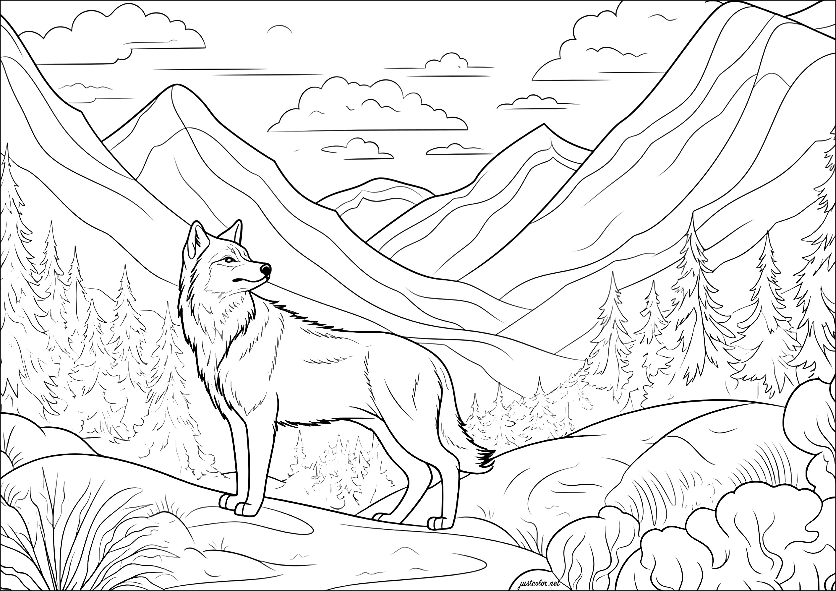 Der Wolf im Berg (Ausmalbild von Wölfe zum Ausdrucken und Ausmalen für Erwachsene)