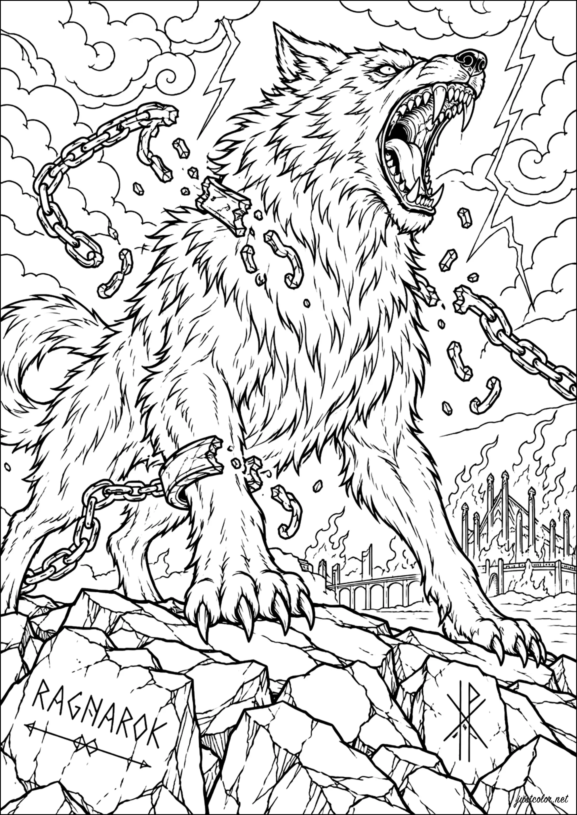 Fenrir, der bei Ragnarök seine Ketten sprengt (Ausmalbild von Wölfe zum Ausdrucken und Ausmalen für Erwachsene)