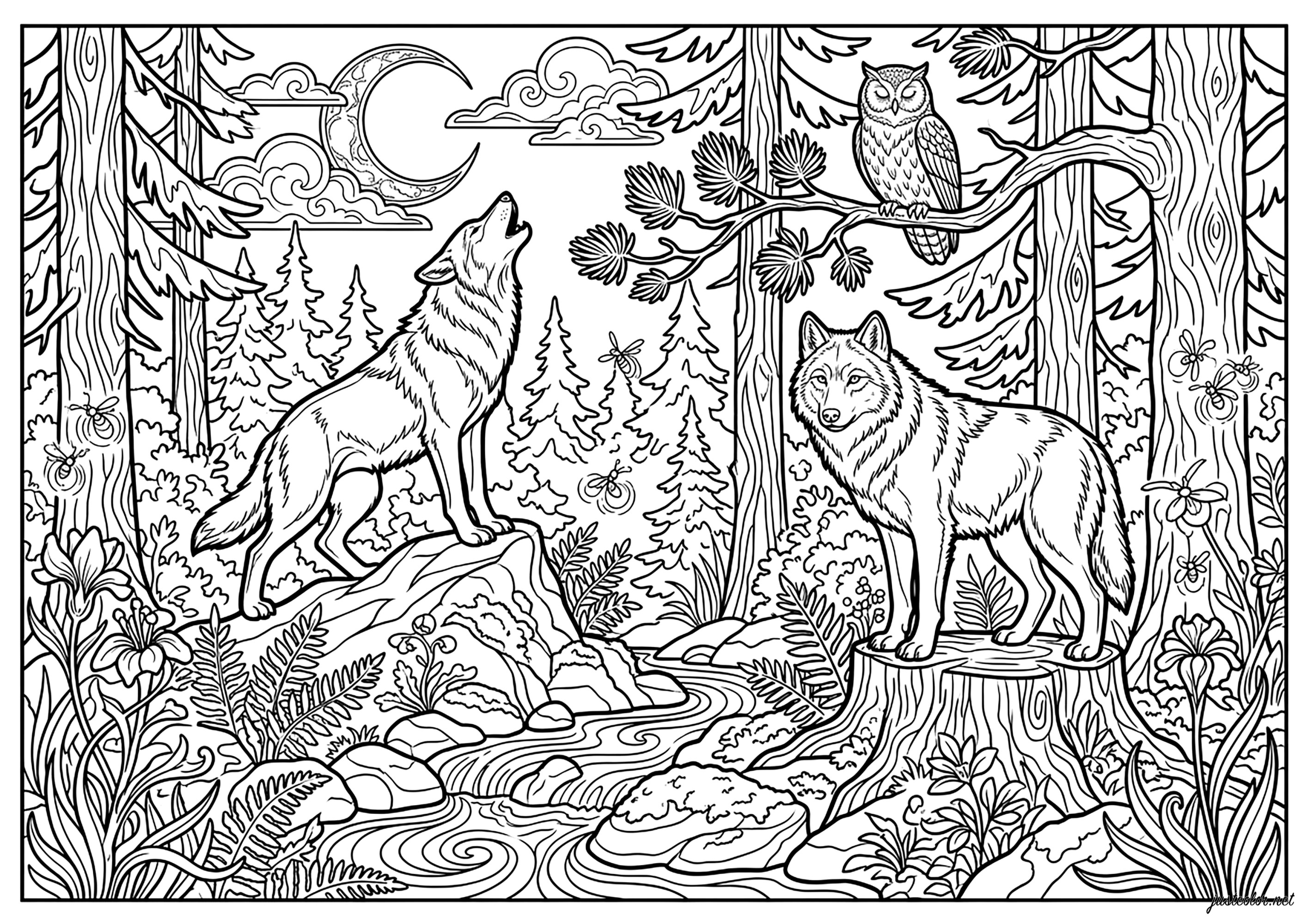 Heulen unter dem Mond (Ausmalbild von Wölfe zum Ausdrucken und Ausmalen für Erwachsene)
