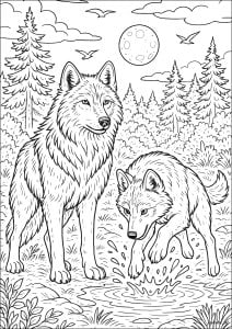 Duo der Wölfe im Mondlicht (Ausmalbild)
