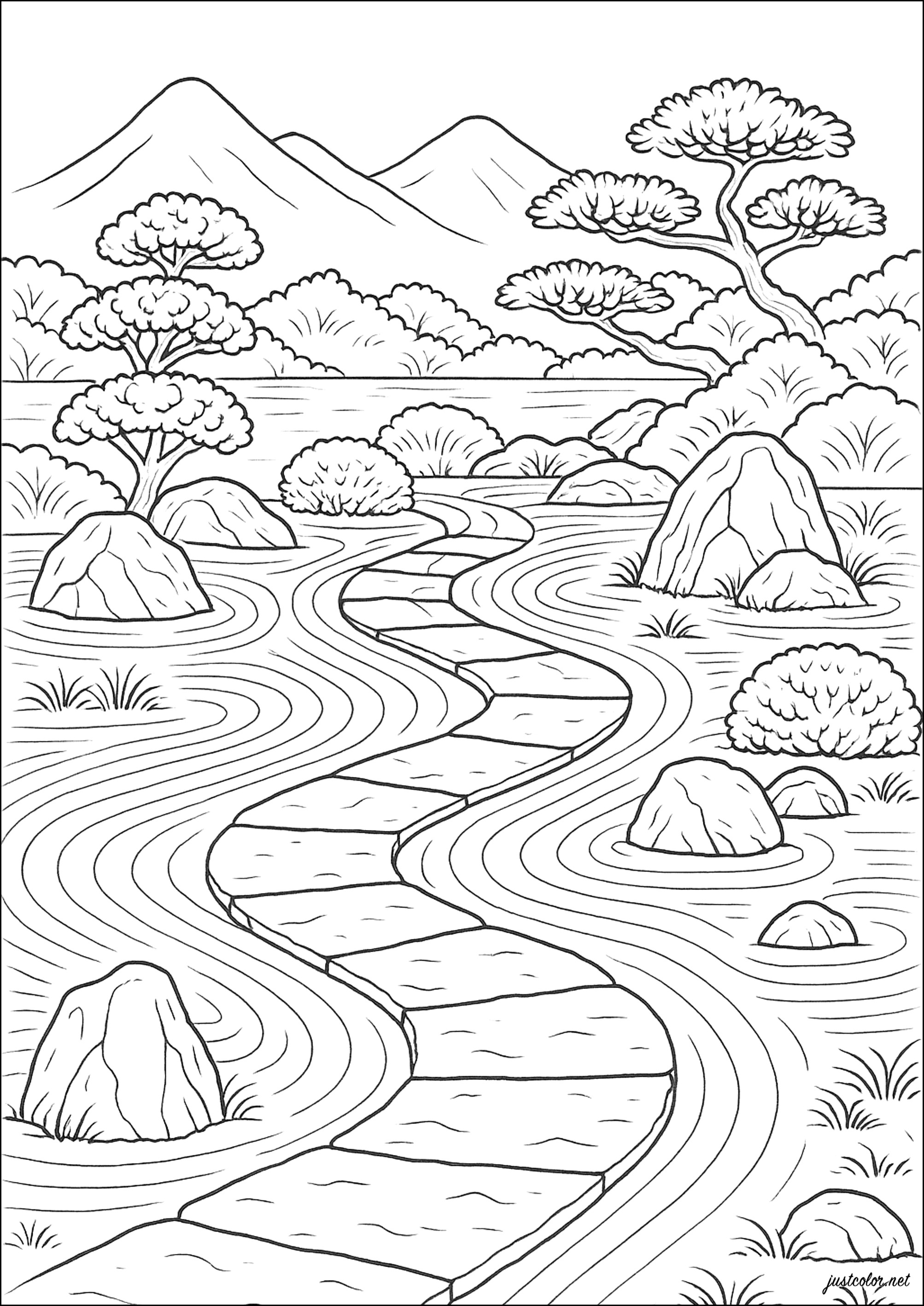 Ein verschlungener Pfad durch die Natur (Ausmalbild von Wunderschöne Gärten zum Ausdrucken und Ausmalen für Erwachsene)