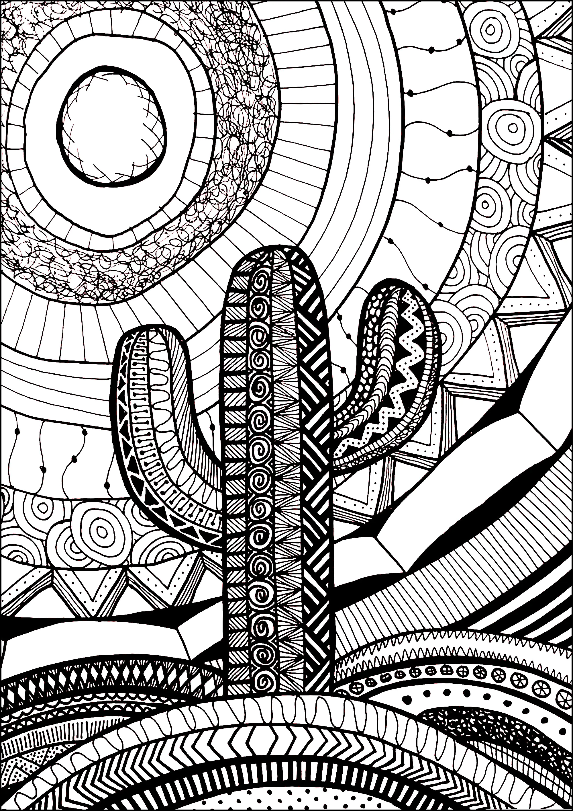 Kaktus in der Sonne (Ausmalbild von Zentangle zum Ausdrucken und Ausmalen für Erwachsene)