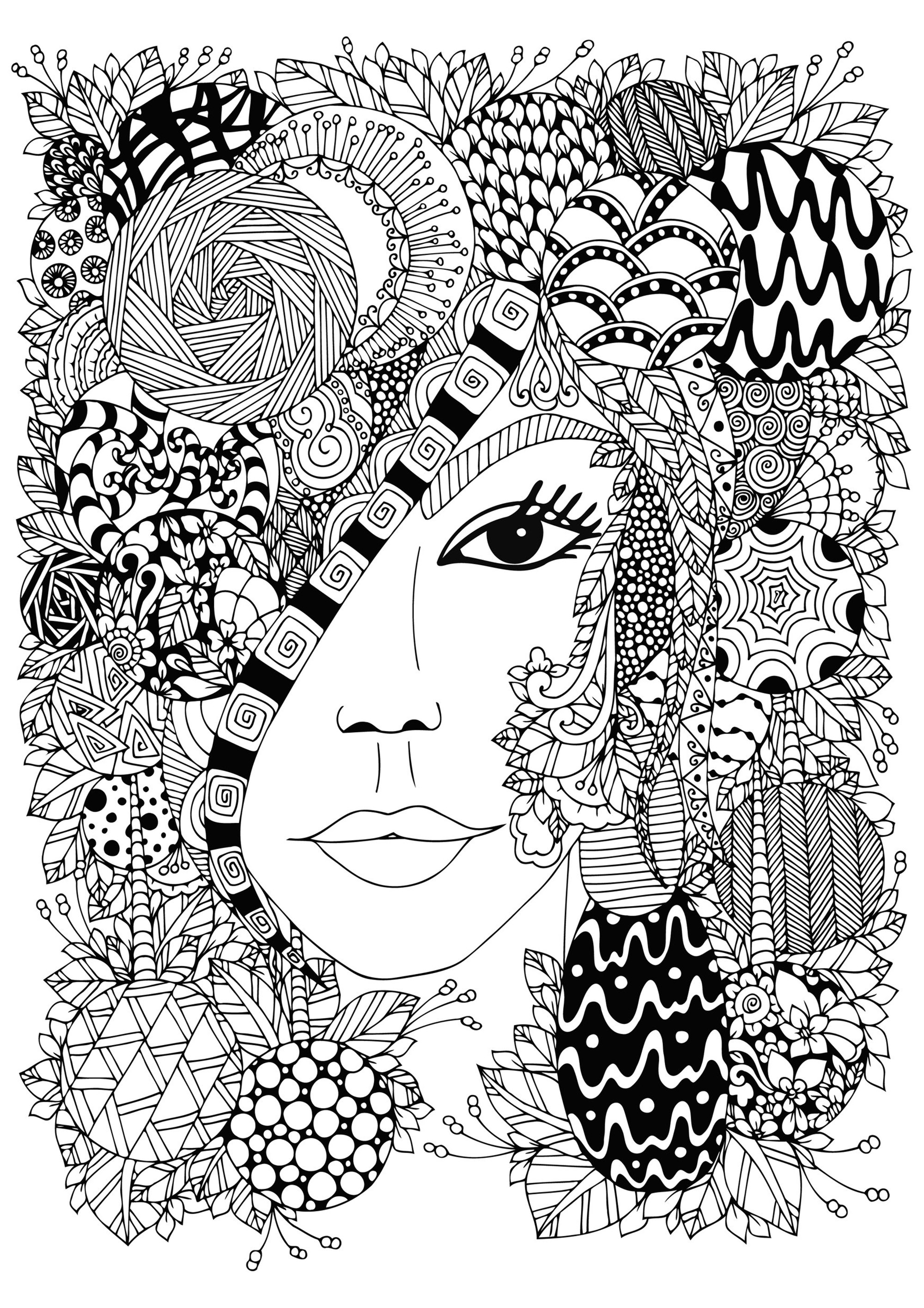 Elegantes weibliches Gesicht, teilweise verdeckt durch viele Zentangle-Muster, Quelle : 123rf   Künstler : Tanvetka