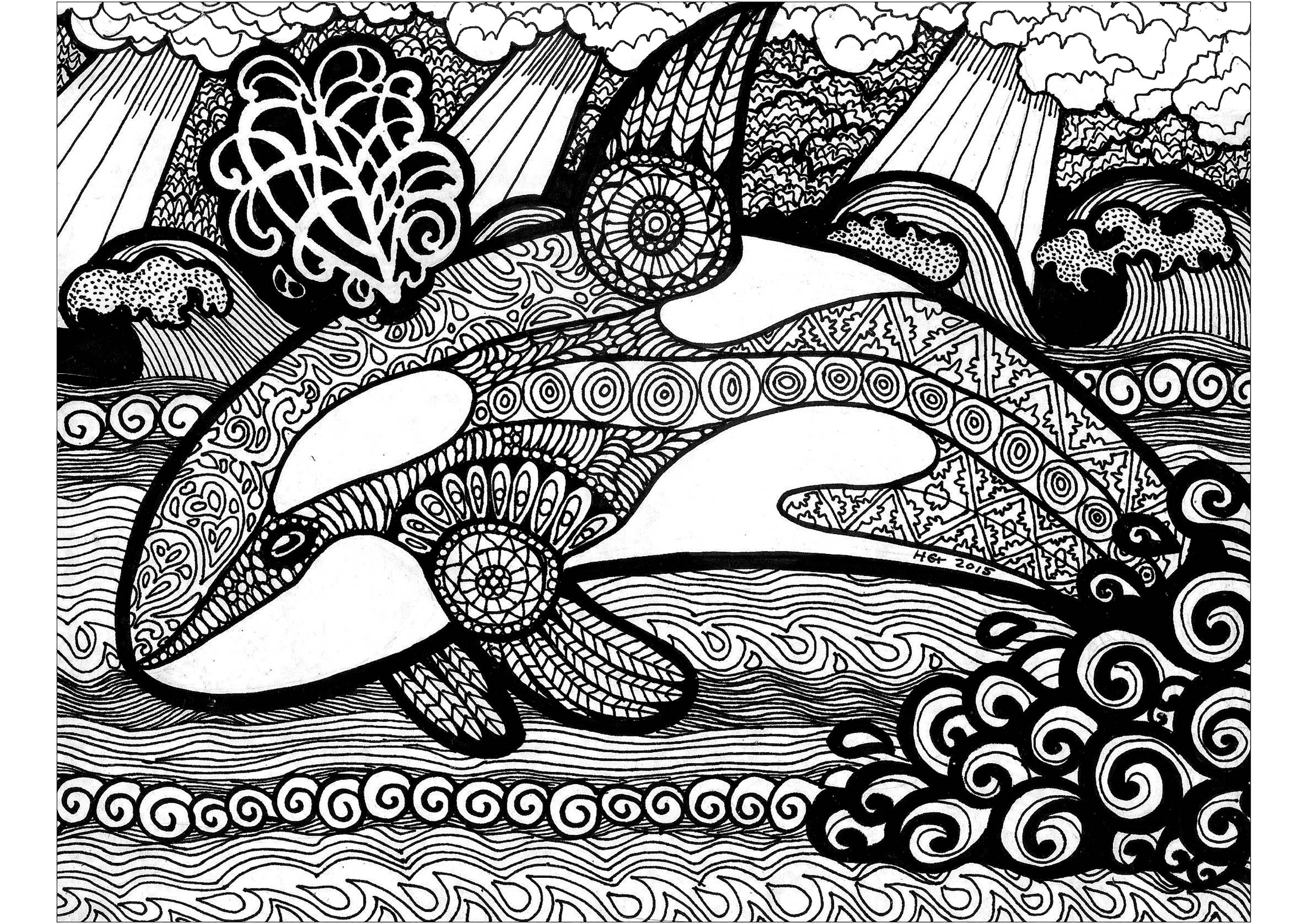 Orca & Zentangles (Ausmalbild zum Ausdrucken und Ausmalen für Erwachsene)