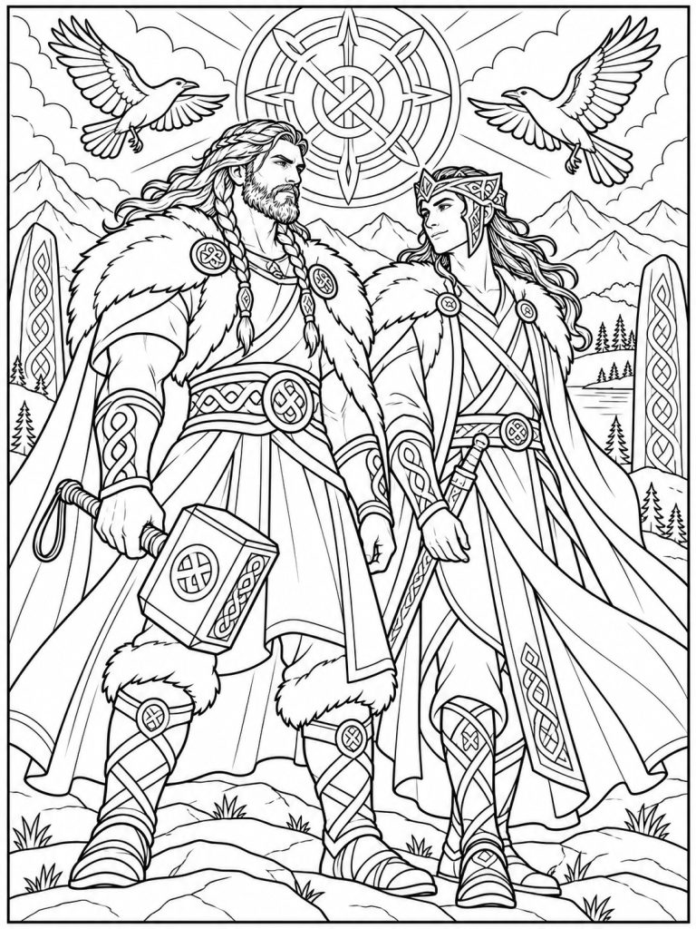 Norse mythology coloring page: Thor and Loki - Just Color ebook preview