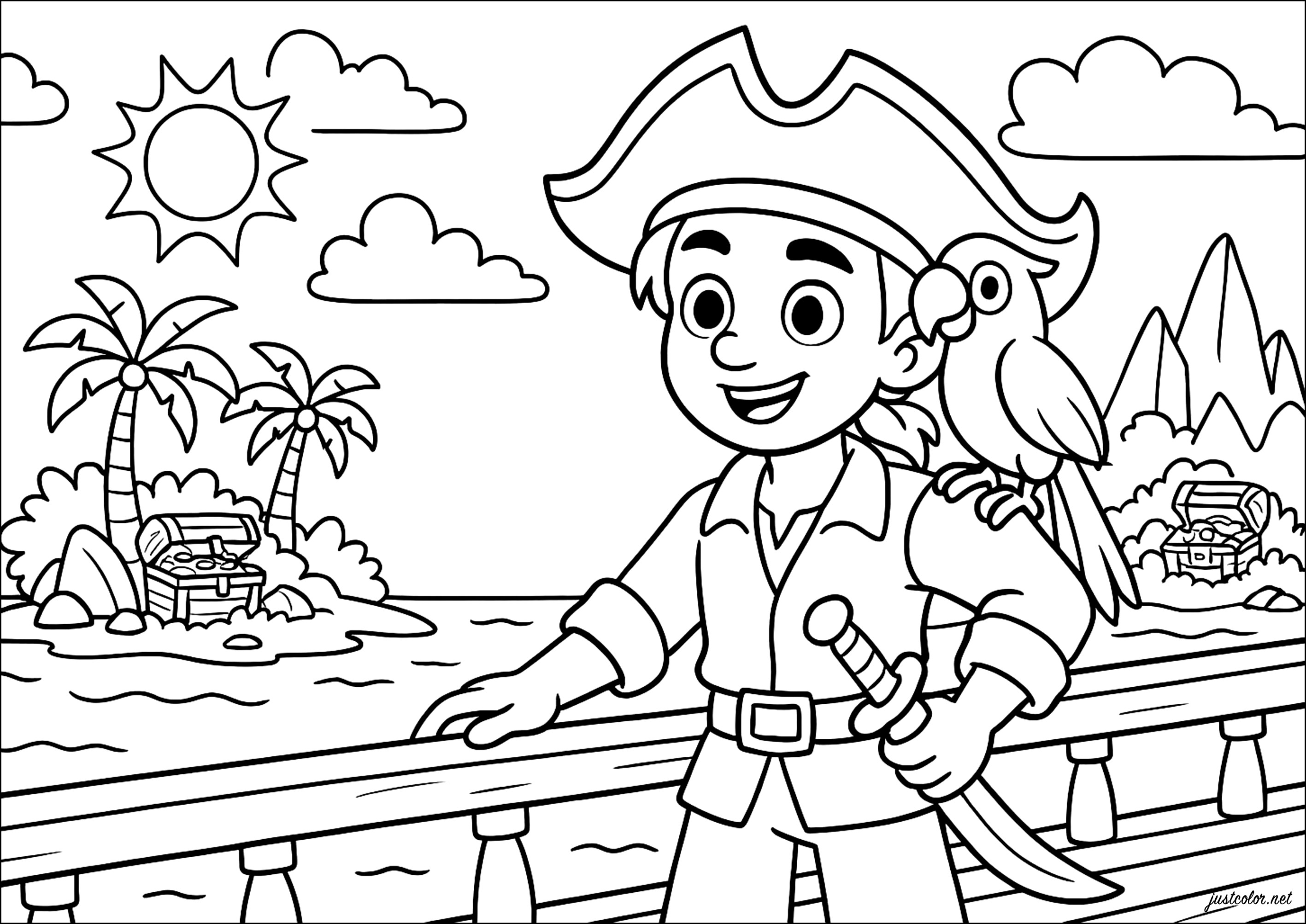 Coloriage Just Color d'un pirate sur son bateau