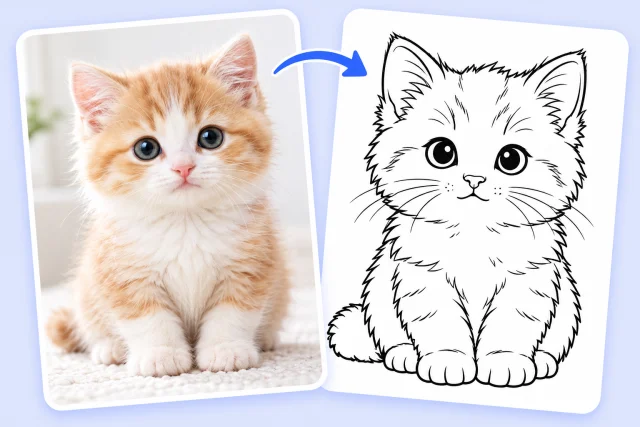 Illustration : un chaton transformé en coloriage.