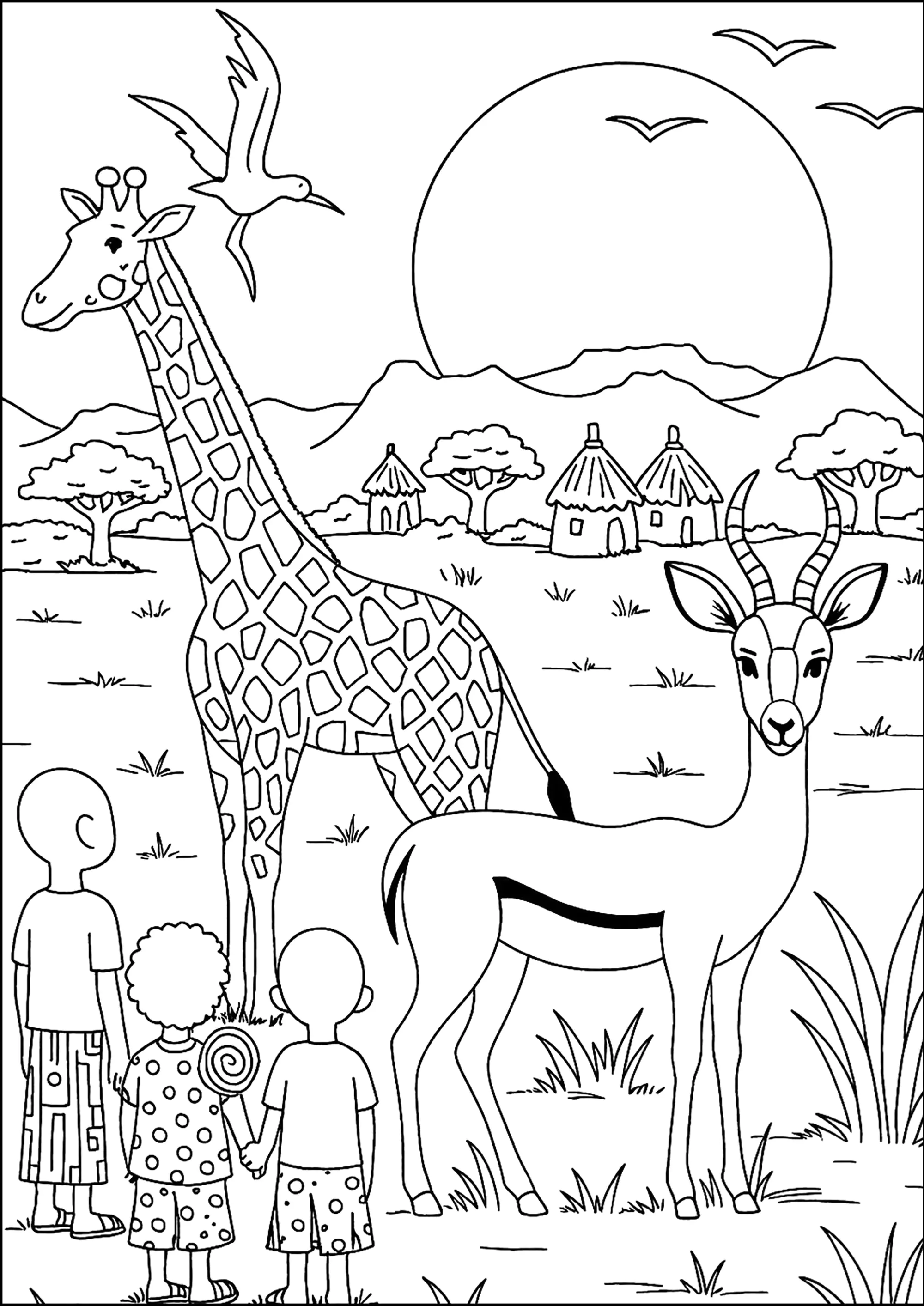 Enfants regardant une girafe et une antilope (Coloriage d'Afrique à imprimer pour enfants)