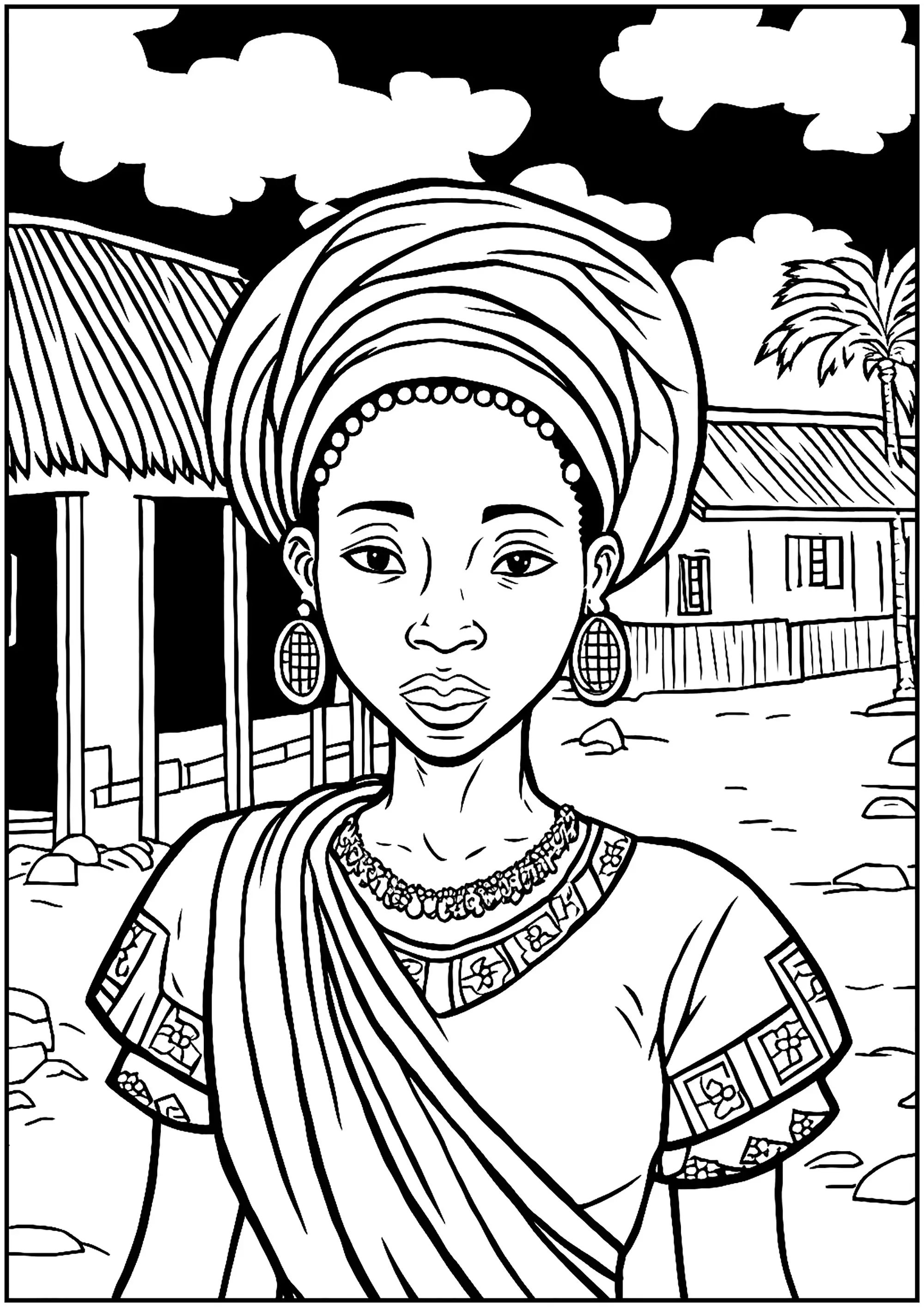 Village africain avec une jeune femme (Coloriage d'Afrique à imprimer pour enfants)