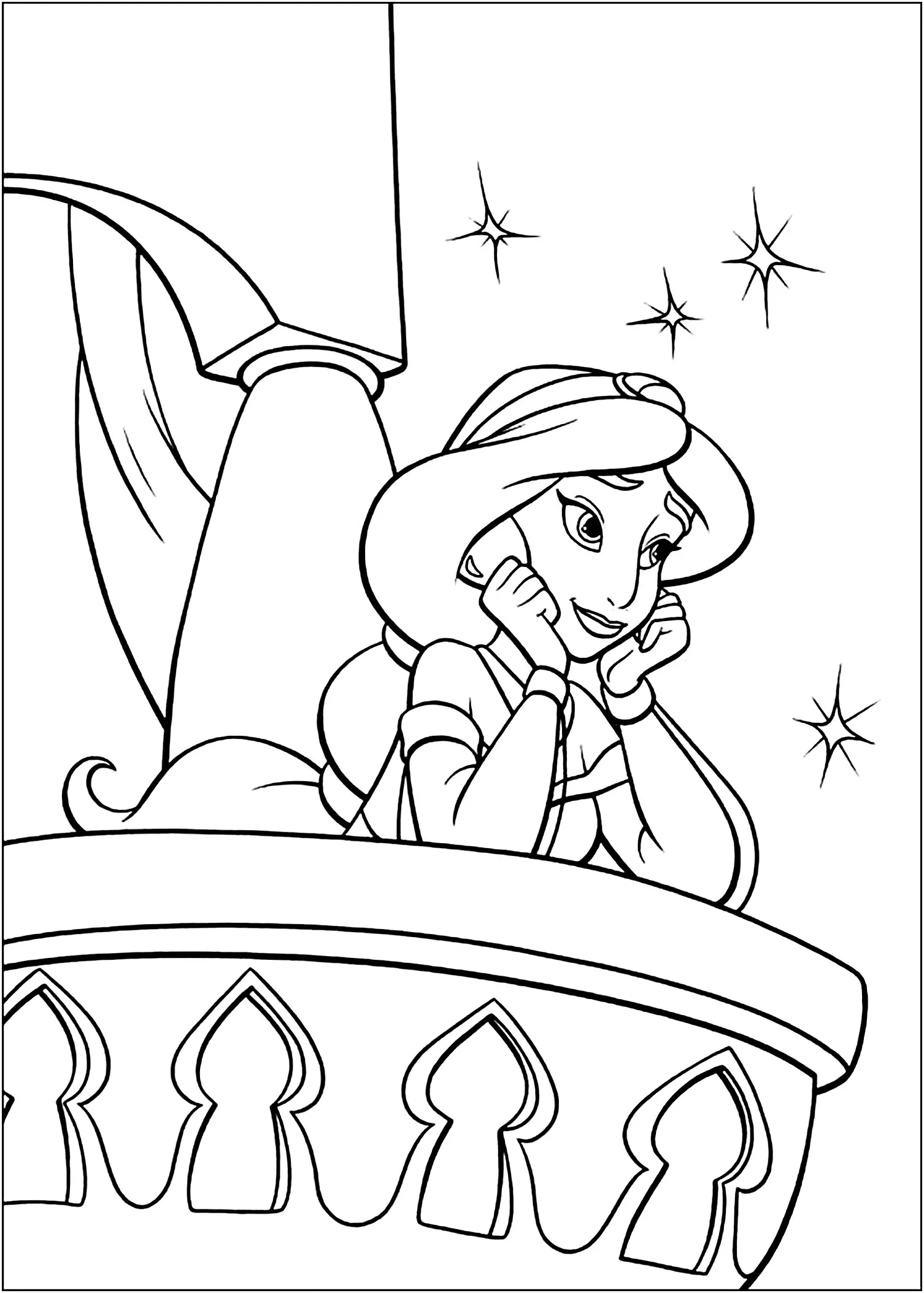 Jasmine sur son balcon (Coloriage d'Aladdin à imprimer pour enfants)