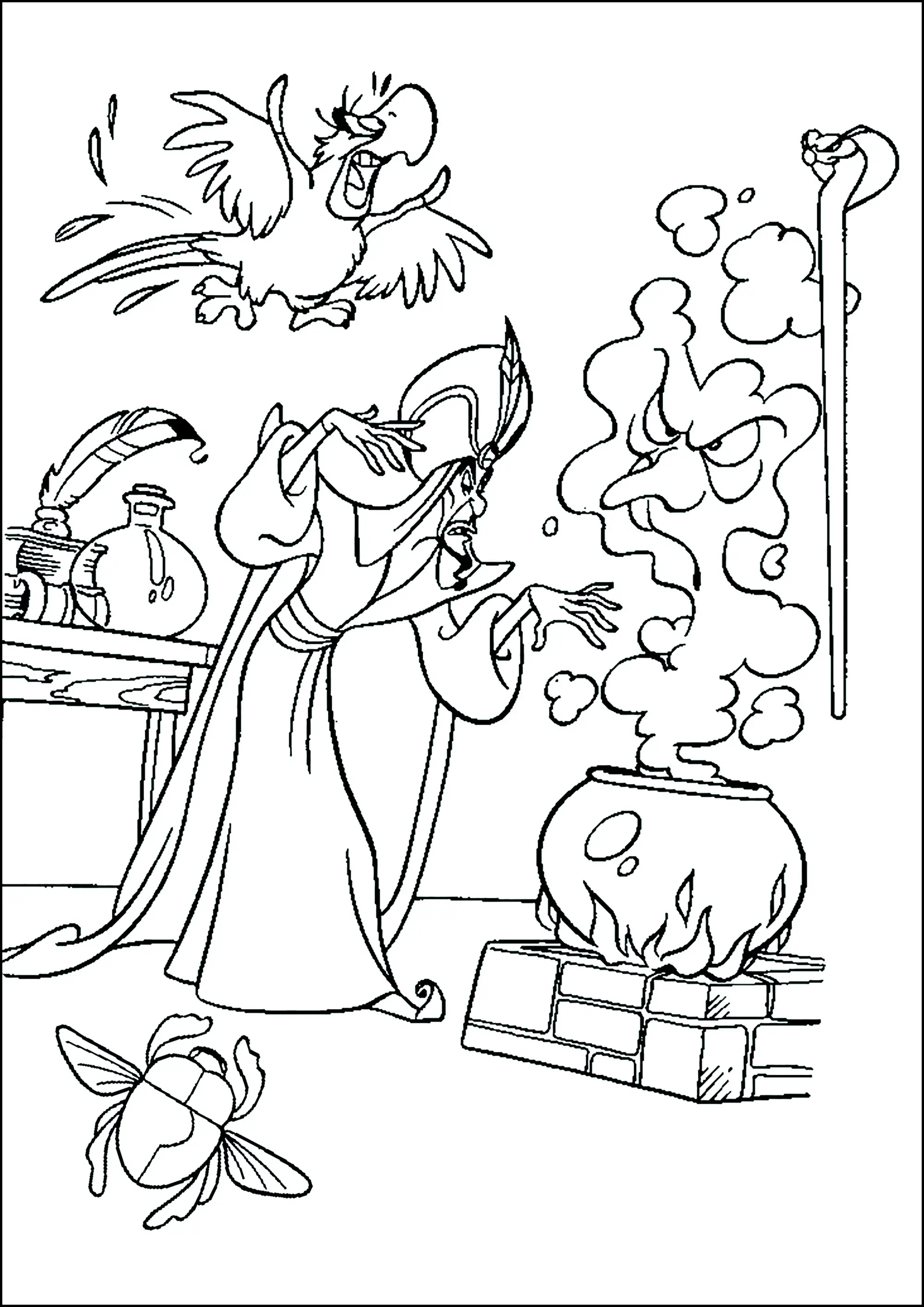 Jafar et Jago le perroquet (Coloriage d'Aladdin à imprimer pour enfants)