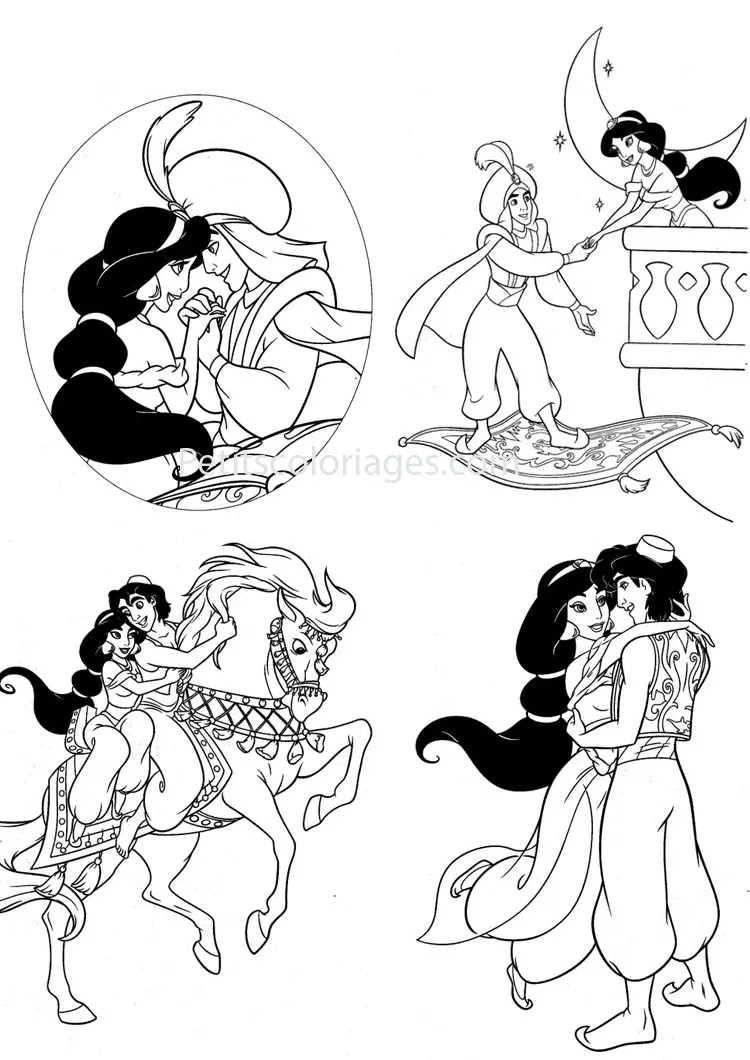 Jasmine avec Aladdin (Coloriage à imprimer pour enfants)