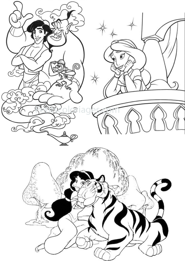 3 images tirées d'Aladdin dans une page à colorier