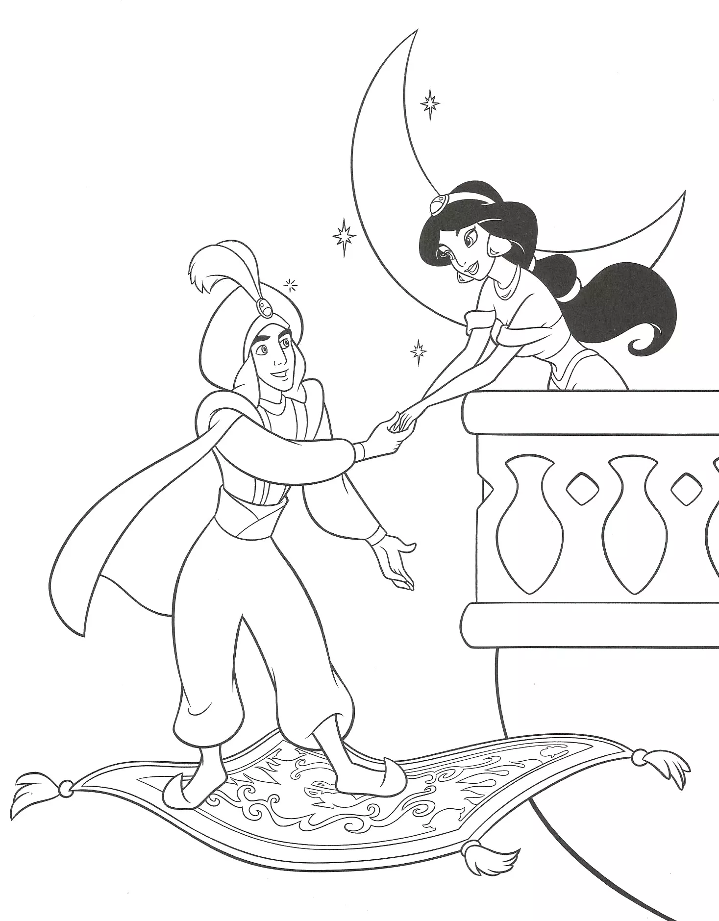 Aladdin sur son tapis volant & Jasmine (Coloriage à imprimer pour enfants)