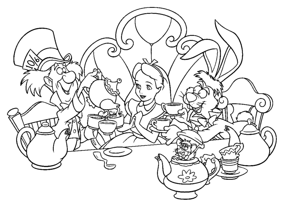 Alice avec Le Chapelier toqué et le lièvre de Mars - Coloriages d'Alice