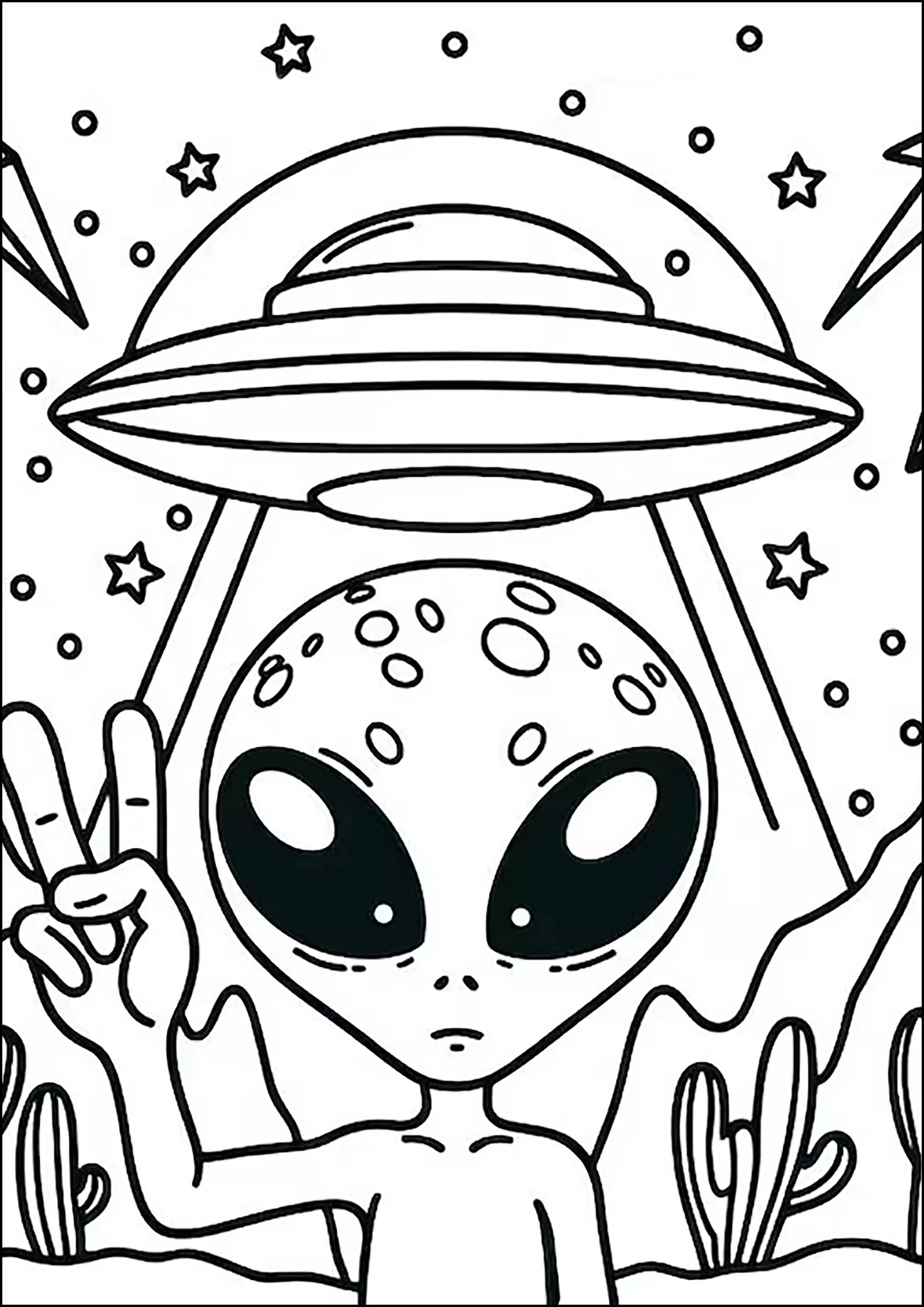 Alien avec sa soucoupe volante (Coloriage d'Extraterrestres à imprimer pour enfants)