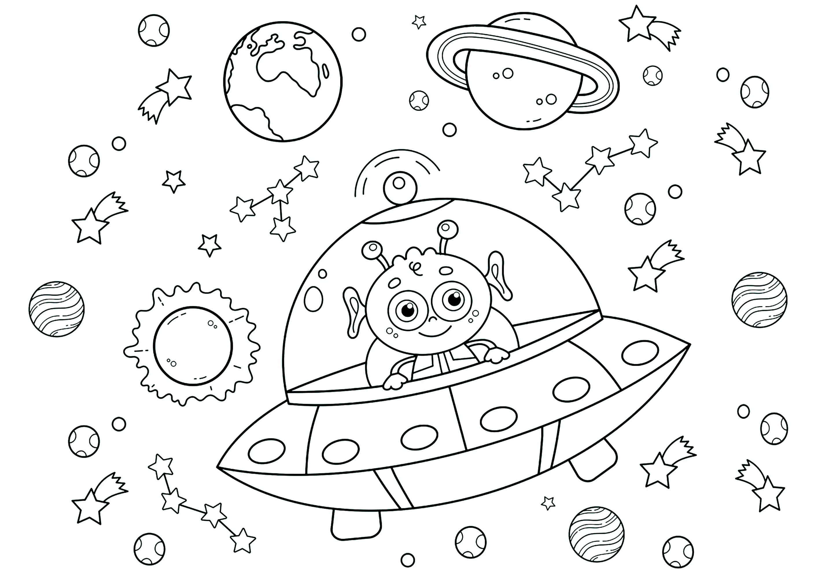 Extraterrestre dans une soucoupe volante au milieu de planètes (Coloriage à imprimer pour enfants)