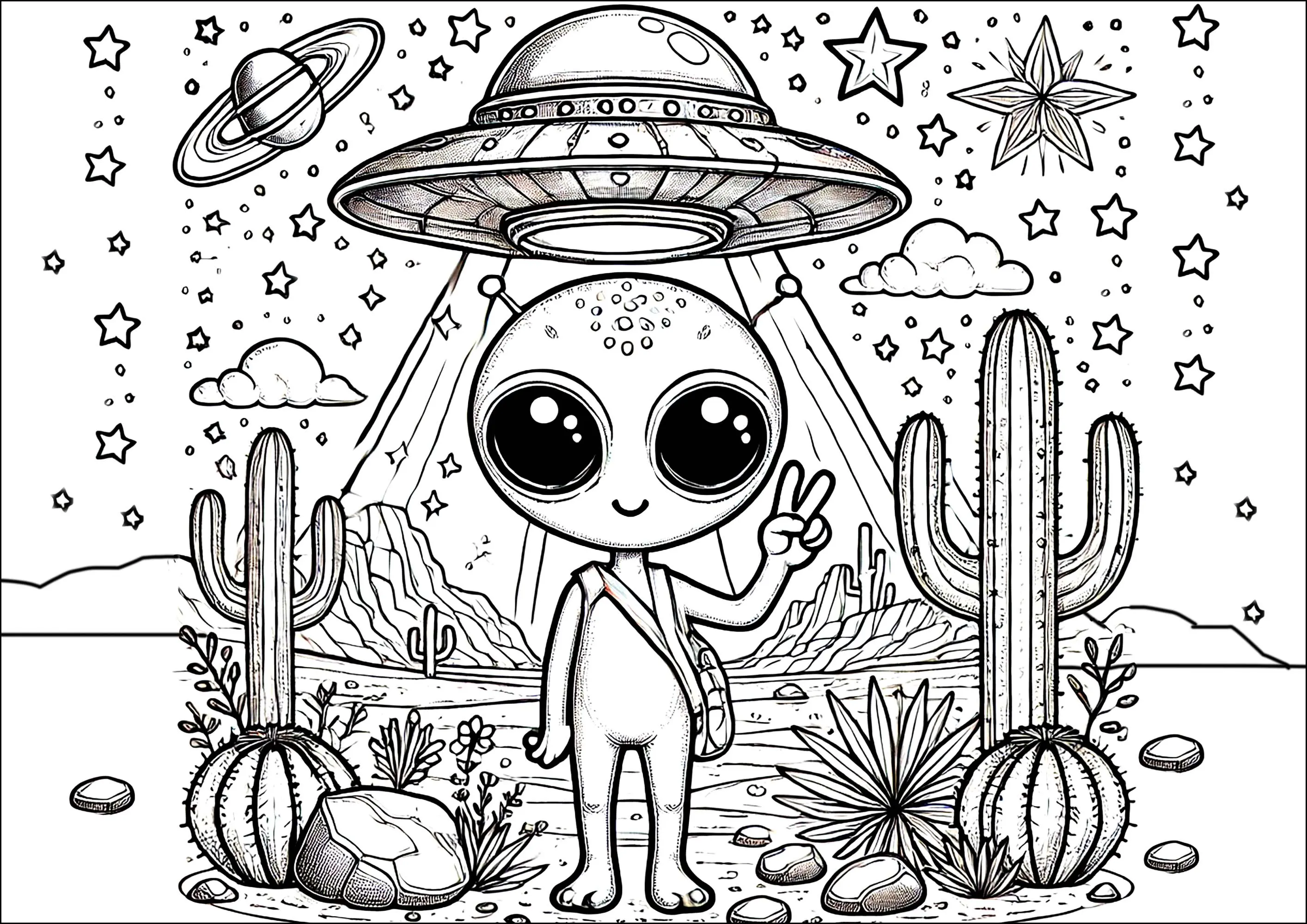Extraterrestre débarquant dans le désert (Coloriage à imprimer pour enfants)