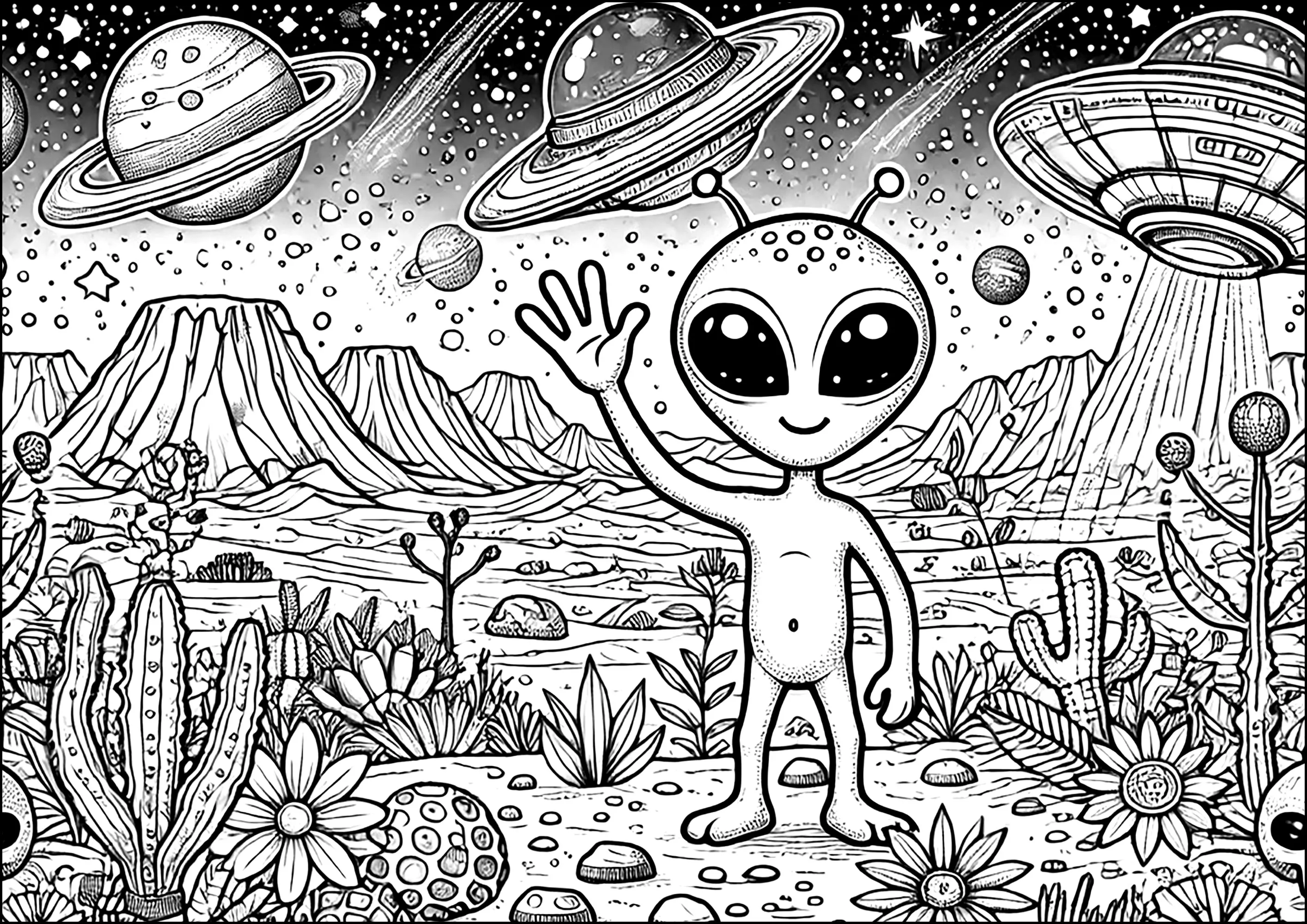 Extraterrestre dans un paysage désertique et volcanique (Coloriage à imprimer pour enfants)