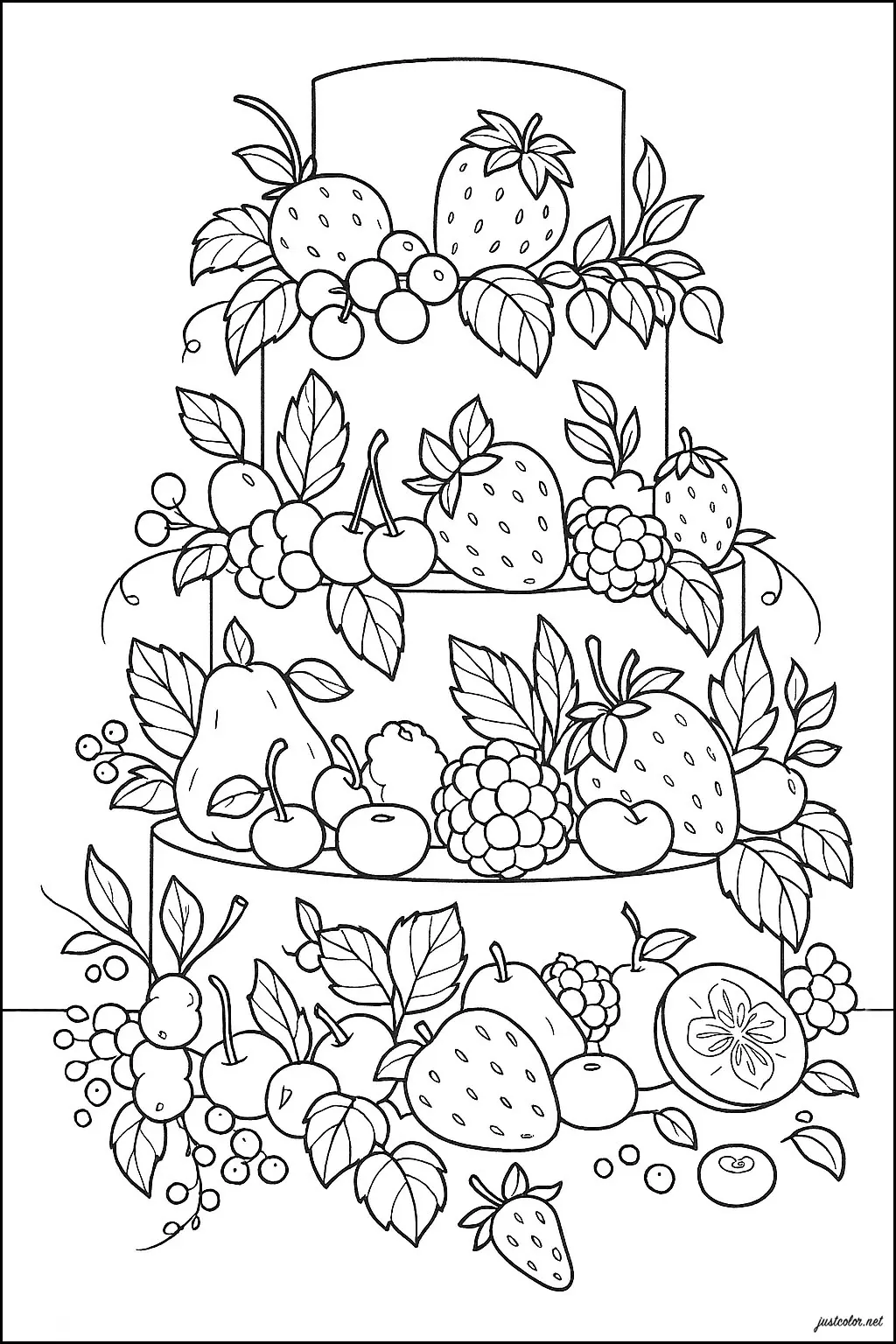 Gateau rempli de fruits, sur 4 étages (Coloriage d'Aliments à imprimer pour enfants)