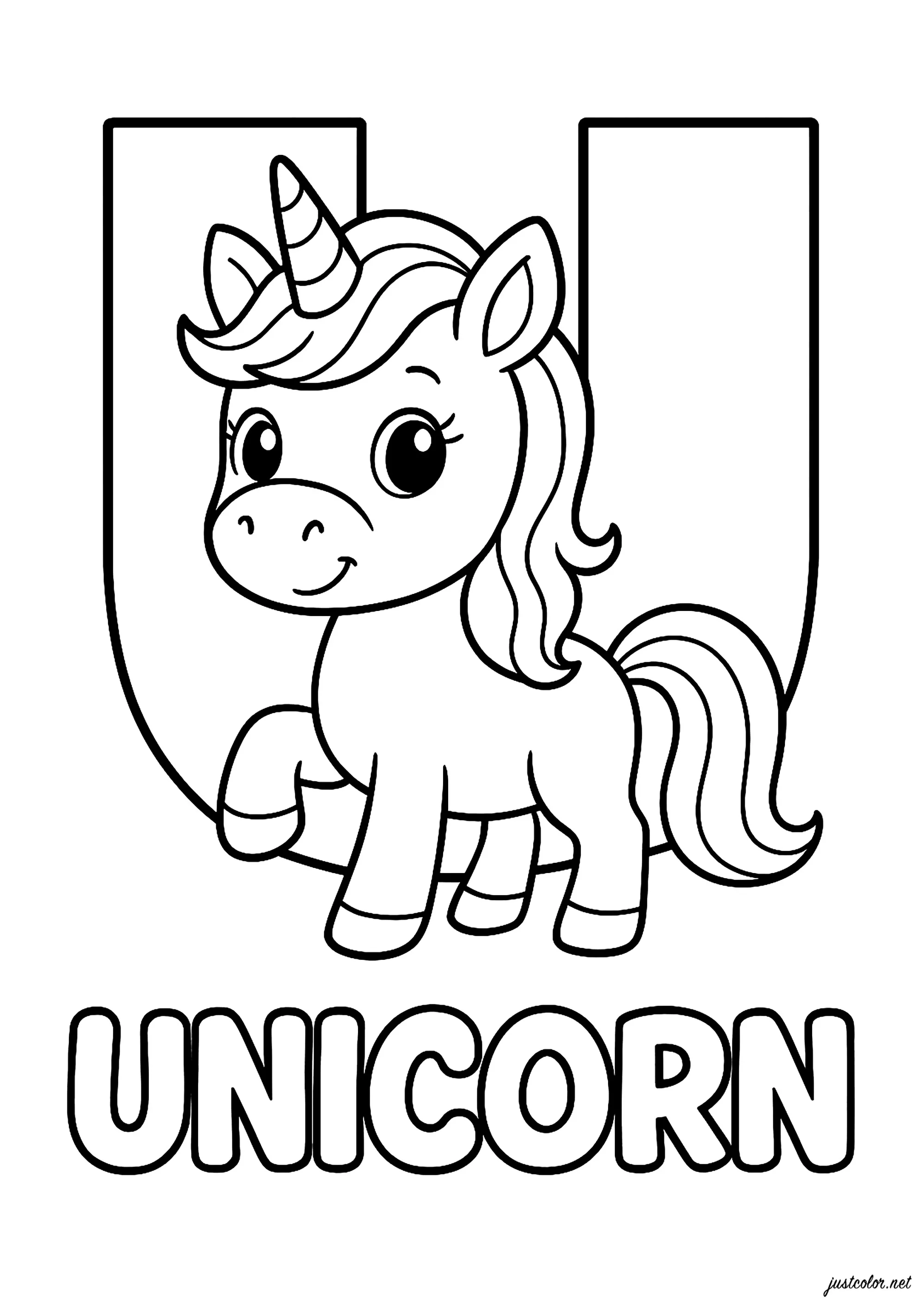 U comme Unicorn (Licorne en anglais) (Coloriage d'Alphabet à imprimer pour enfants)