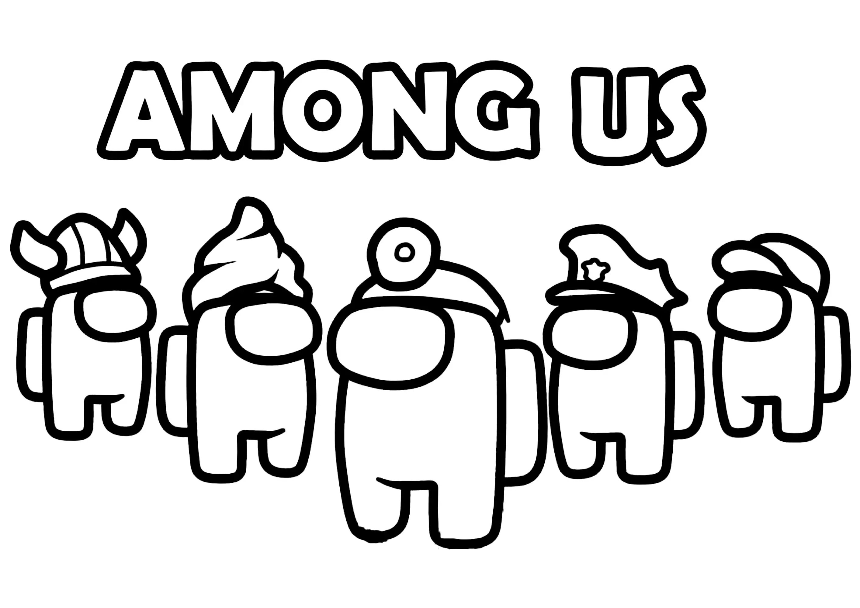 Cinq personnages Among Us avec titre (Coloriage à imprimer pour enfants)