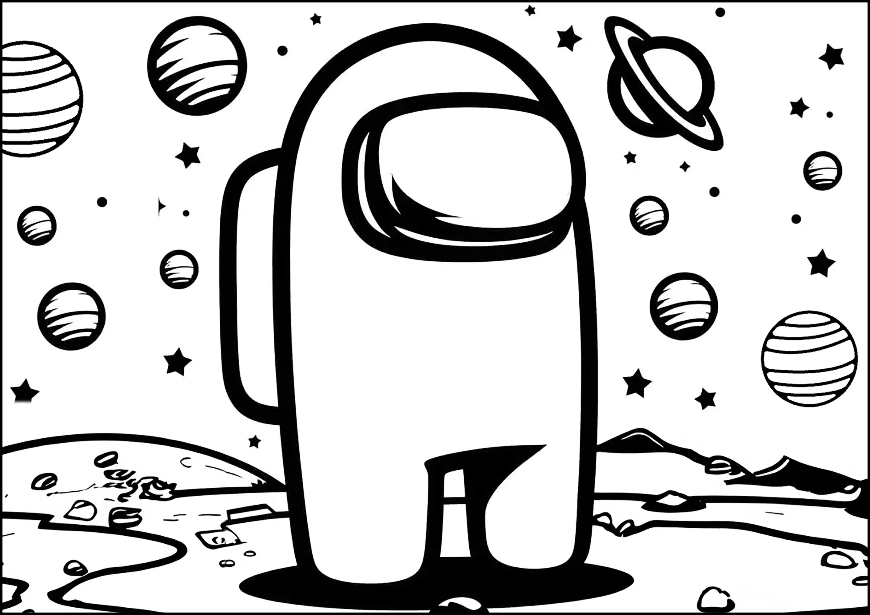 Un personnage Among Us sur la lune (Coloriage à imprimer pour enfants)