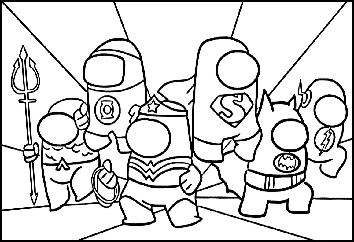 La Justice League en personnages d'Among Us (Coloriage à imprimer pour enfants)